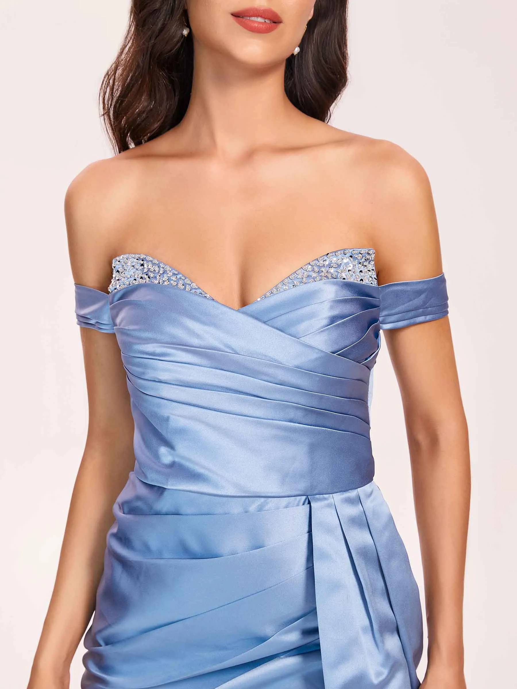 Elegant Satin Off Shoulder Prom Dresses Side-slit Sweetheart Floor Length Sheath