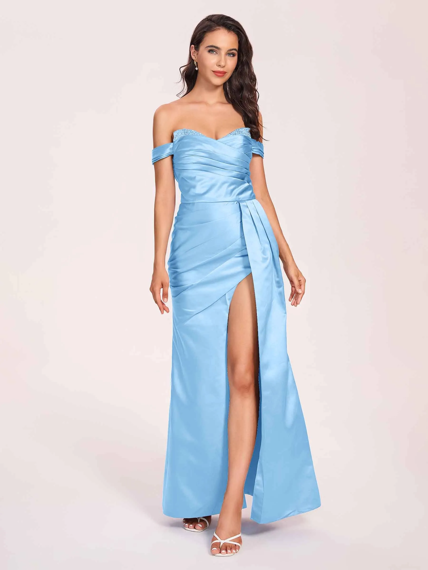 Elegant Satin Off Shoulder Prom Dresses Side-slit Sweetheart Floor Length Sheath