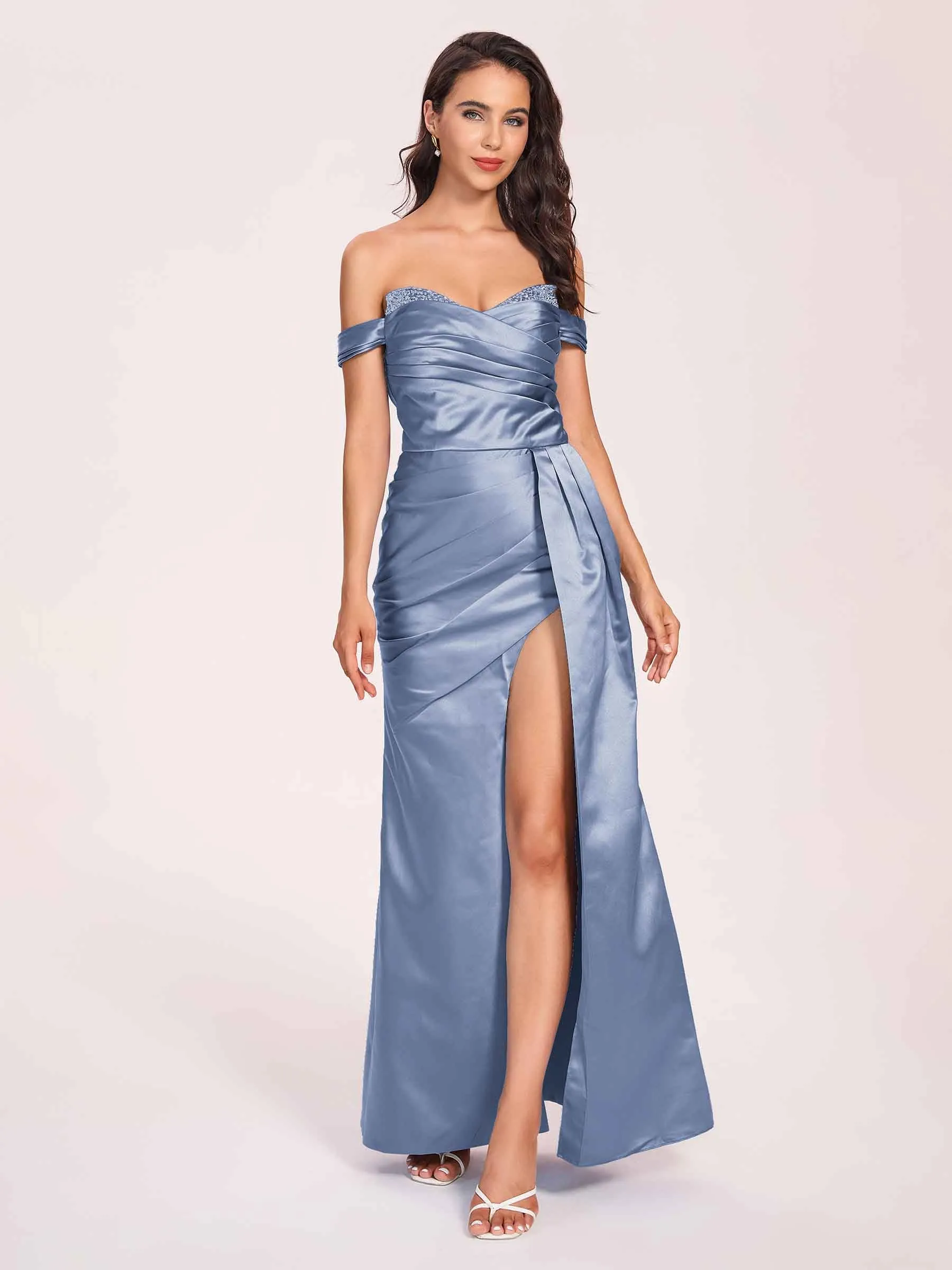 Elegant Satin Off Shoulder Prom Dresses Side-slit Sweetheart Floor Length Sheath