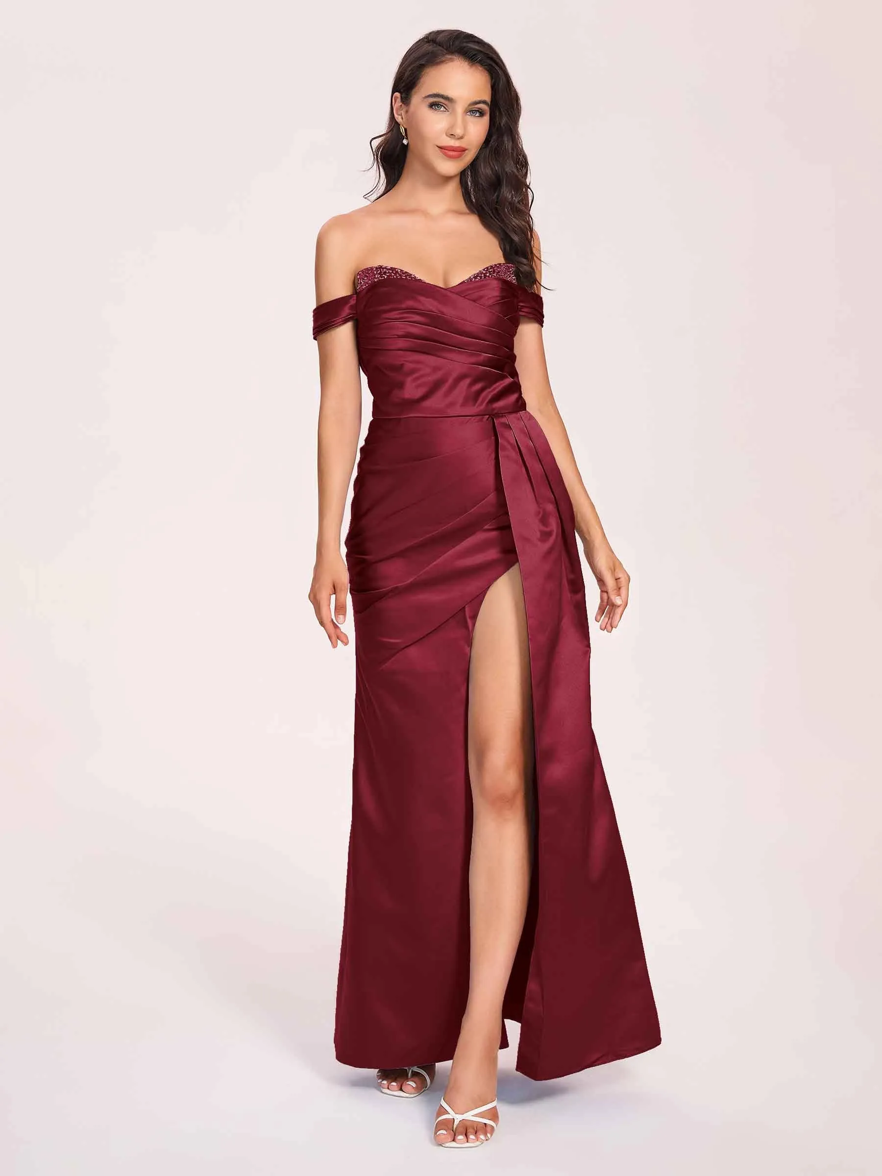Elegant Satin Off Shoulder Prom Dresses Side-slit Sweetheart Floor Length Sheath