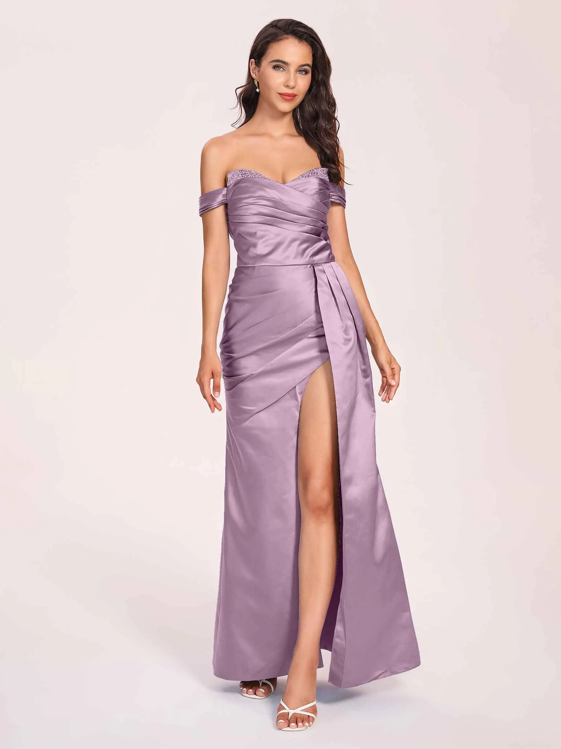 Elegant Satin Off Shoulder Prom Dresses Side-slit Sweetheart Floor Length Sheath