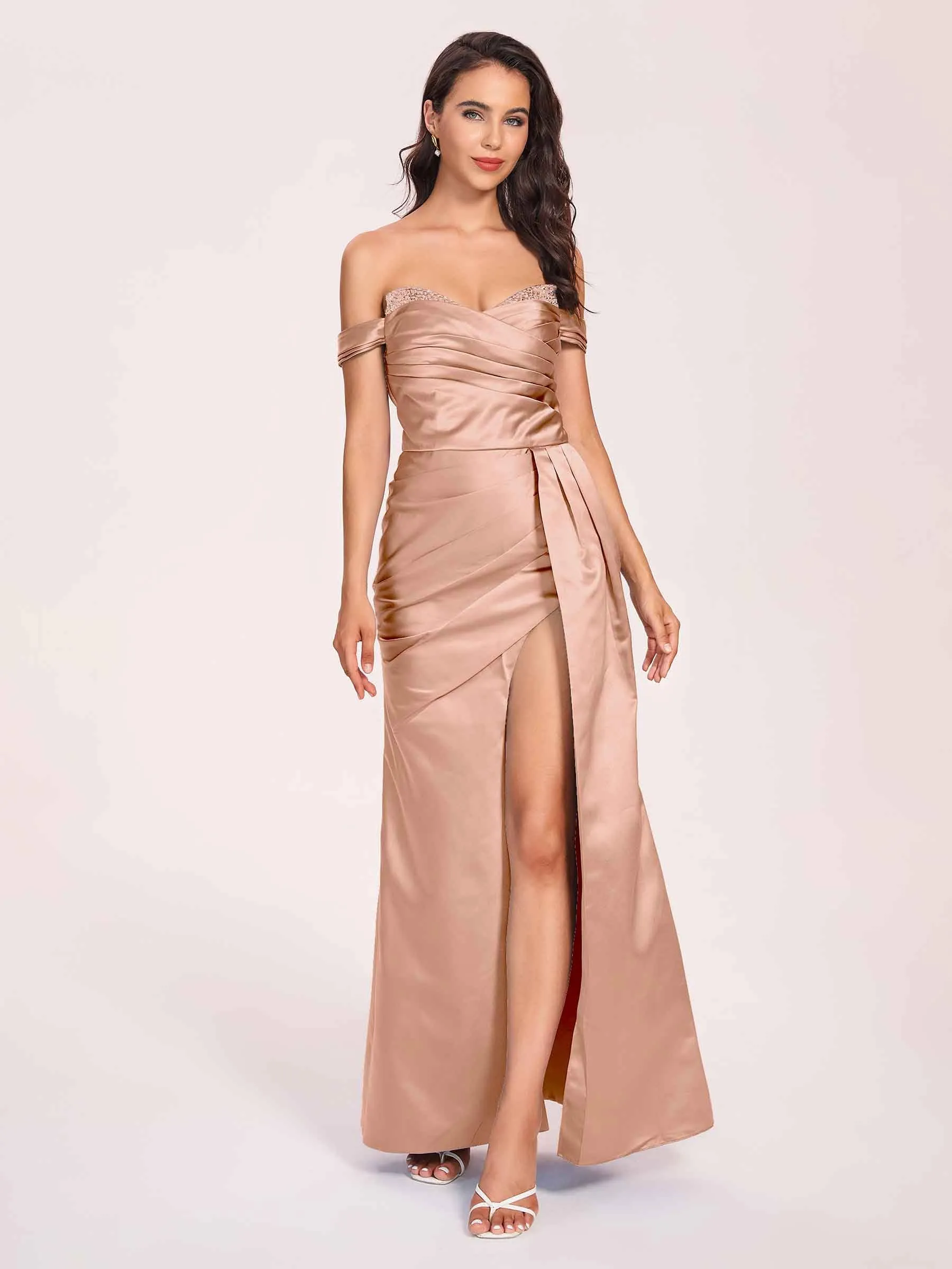 Elegant Satin Off Shoulder Prom Dresses Side-slit Sweetheart Floor Length Sheath
