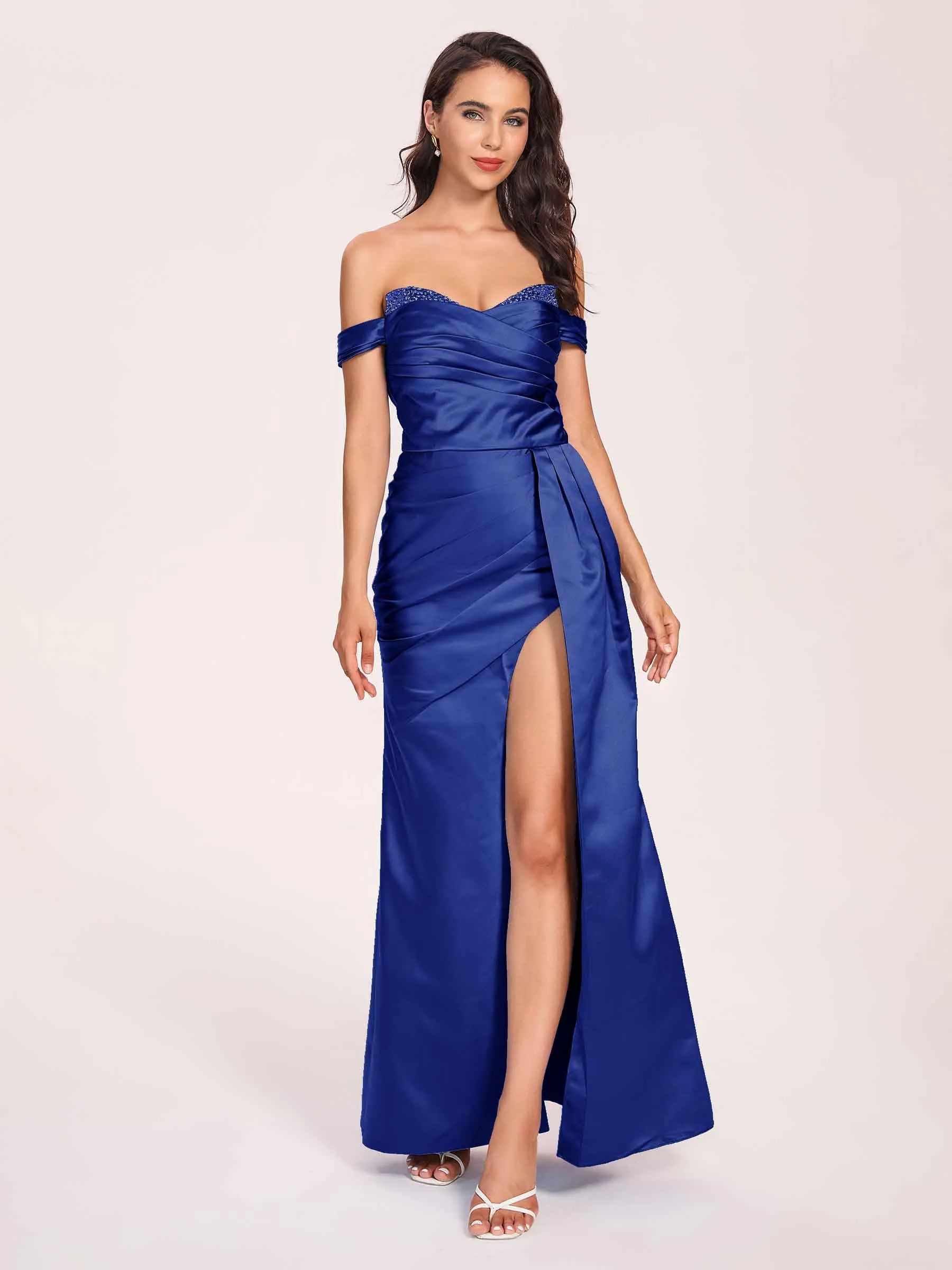 Elegant Satin Off Shoulder Prom Dresses Side-slit Sweetheart Floor Length Sheath