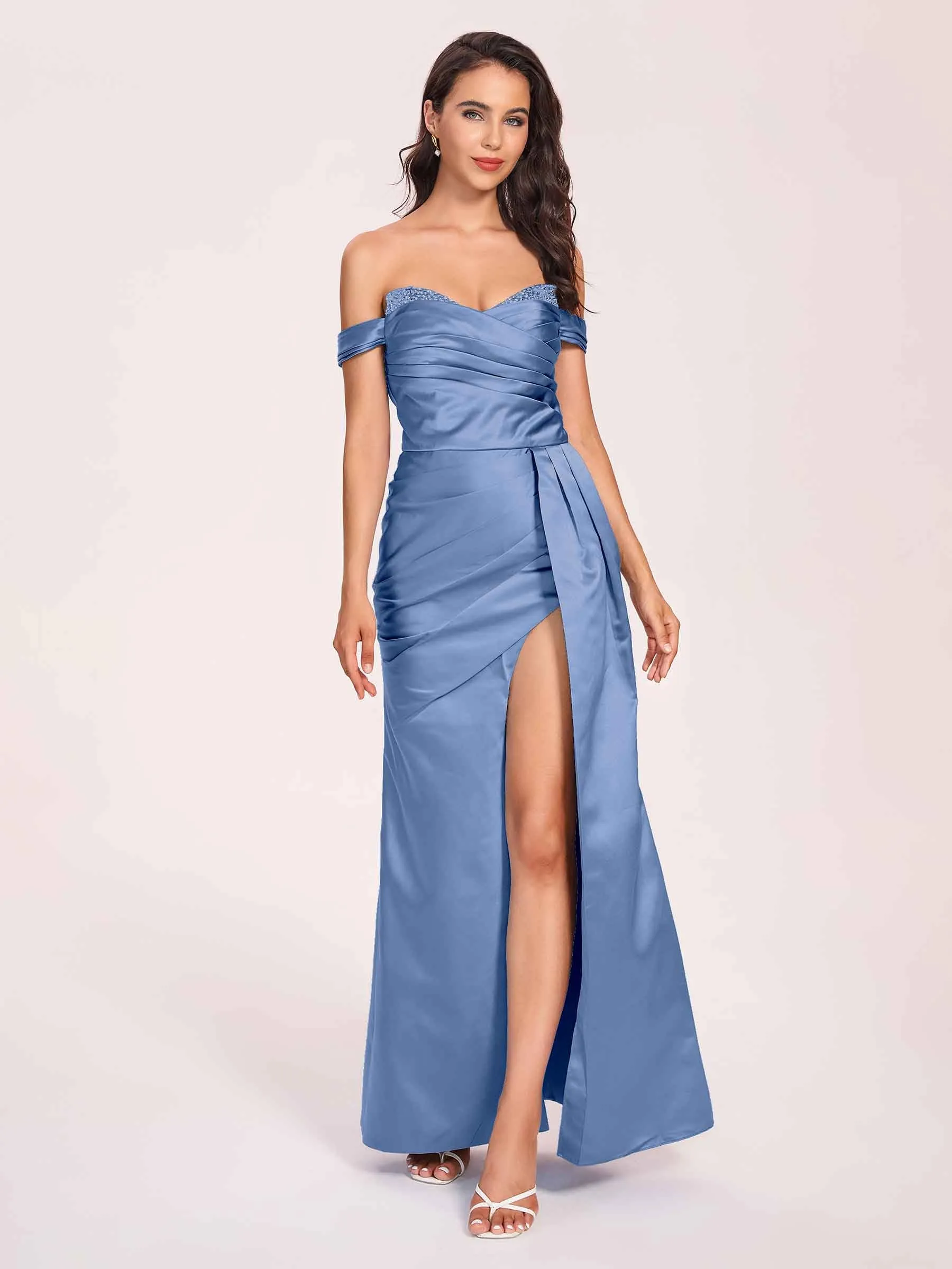 Elegant Satin Off Shoulder Prom Dresses Side-slit Sweetheart Floor Length Sheath