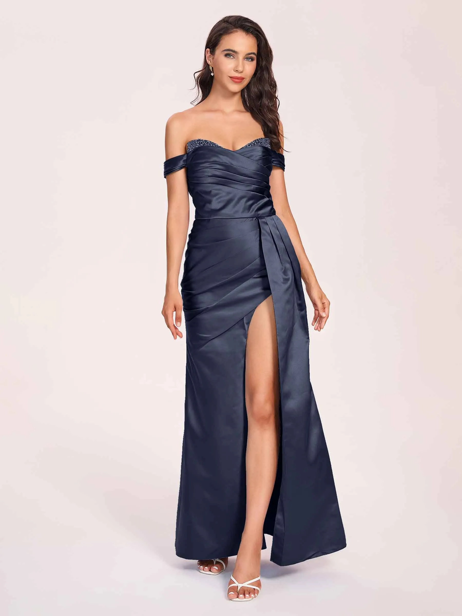 Elegant Satin Off Shoulder Prom Dresses Side-slit Sweetheart Floor Length Sheath