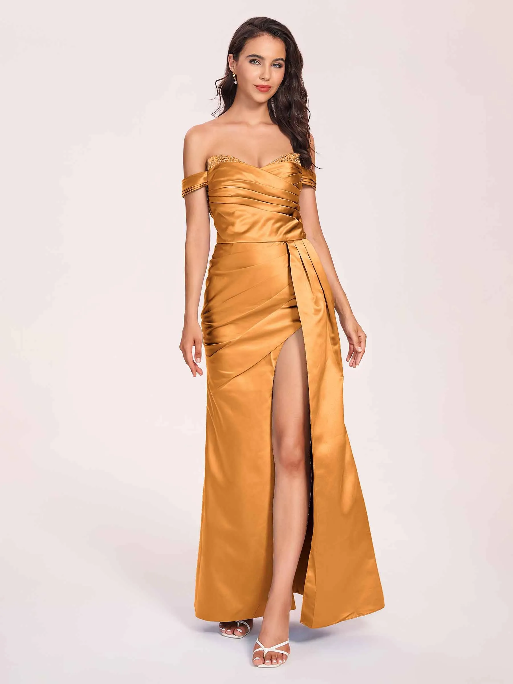 Elegant Satin Off Shoulder Prom Dresses Side-slit Sweetheart Floor Length Sheath