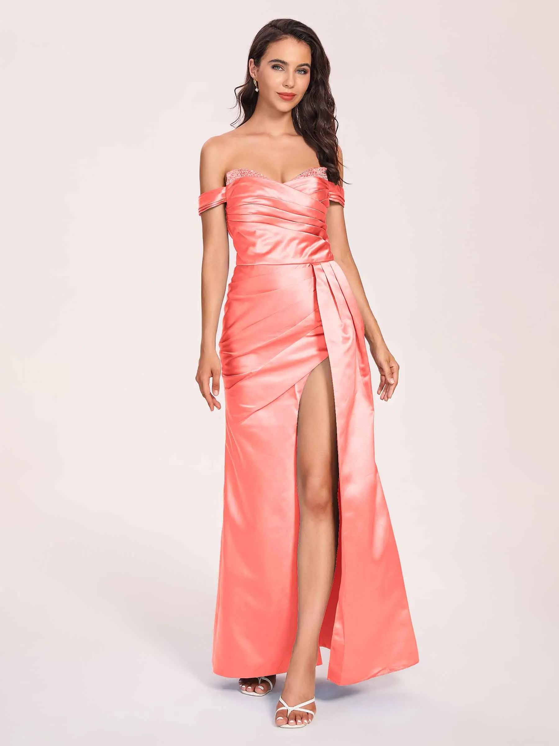 Elegant Satin Off Shoulder Prom Dresses Side-slit Sweetheart Floor Length Sheath