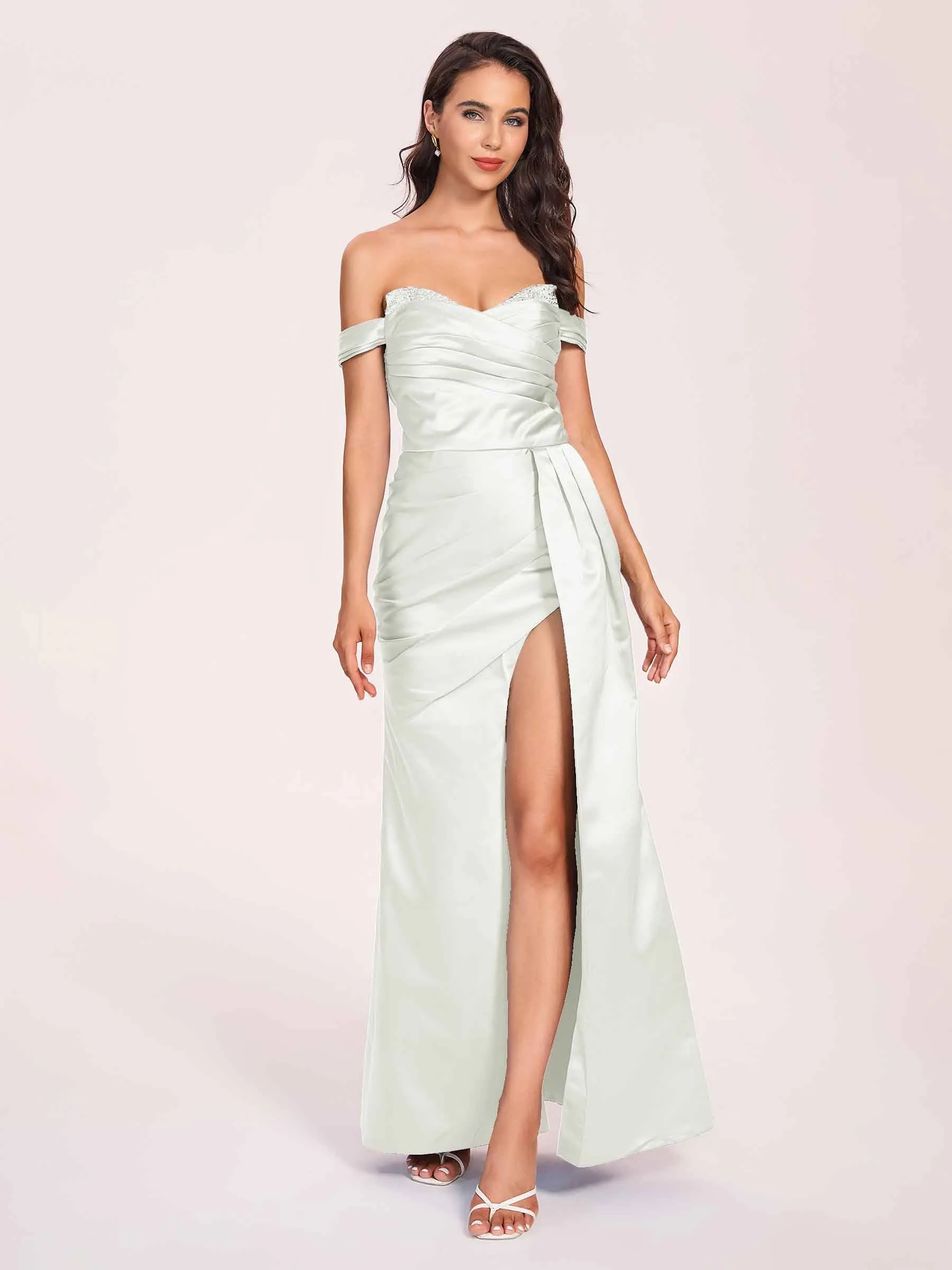 Elegant Satin Off Shoulder Prom Dresses Side-slit Sweetheart Floor Length Sheath