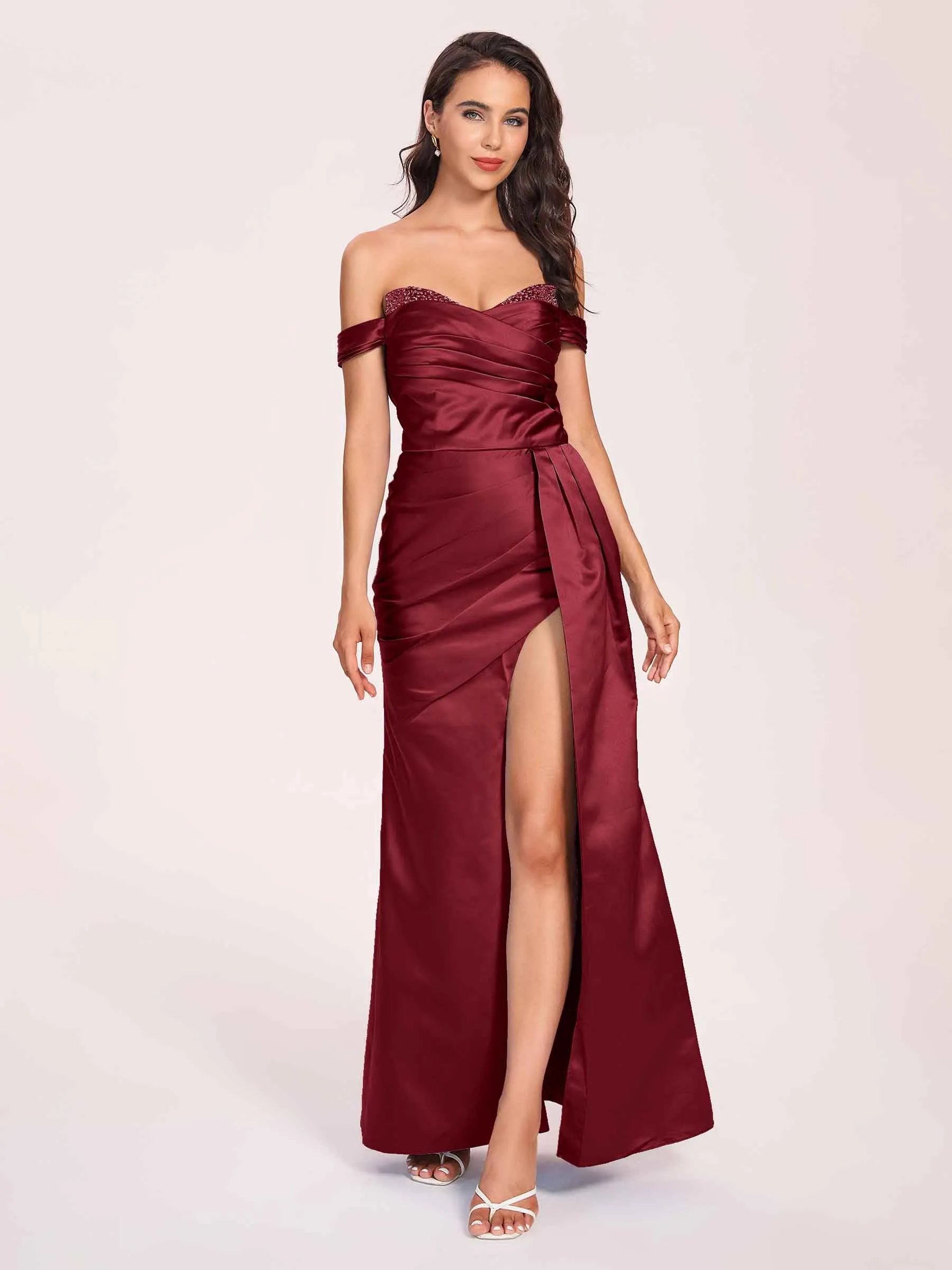 Elegant Satin Off Shoulder Prom Dresses Side-slit Sweetheart Floor Length Sheath