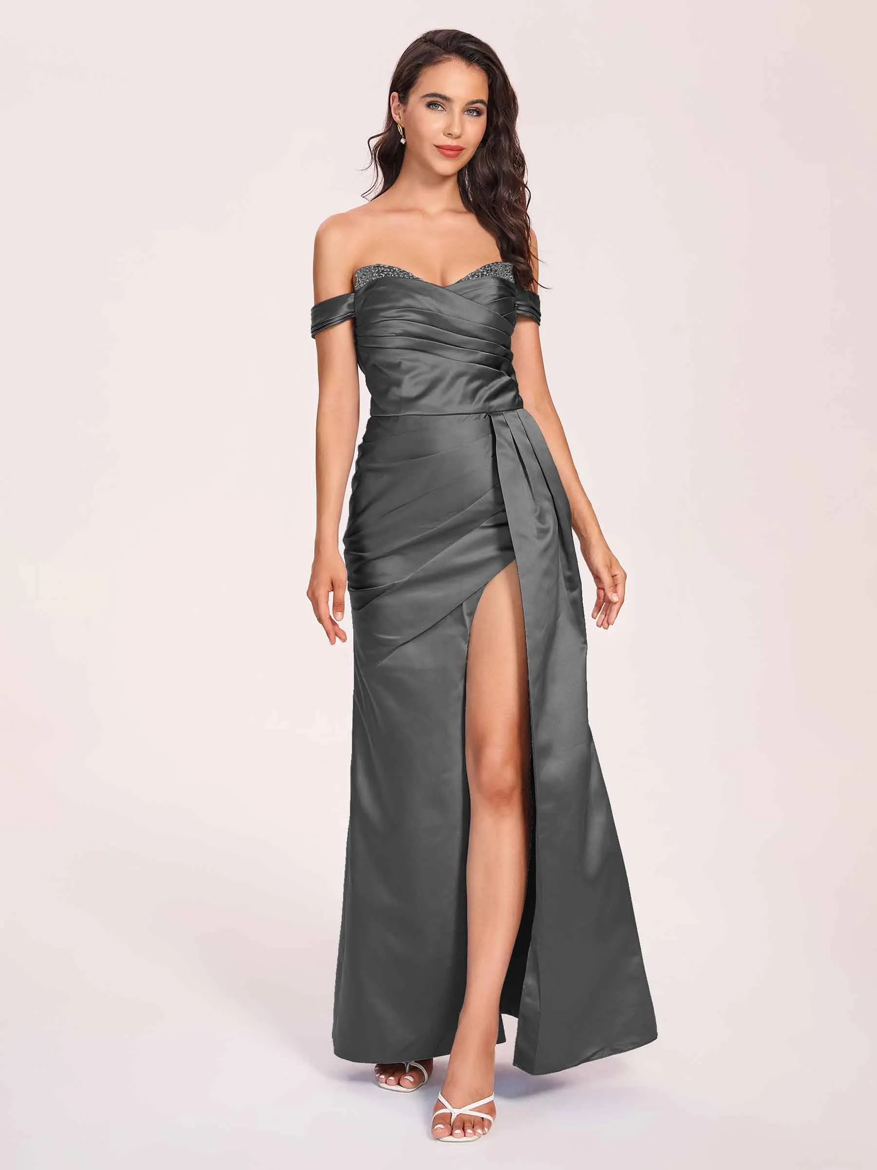 Elegant Satin Off Shoulder Prom Dresses Side-slit Sweetheart Floor Length Sheath