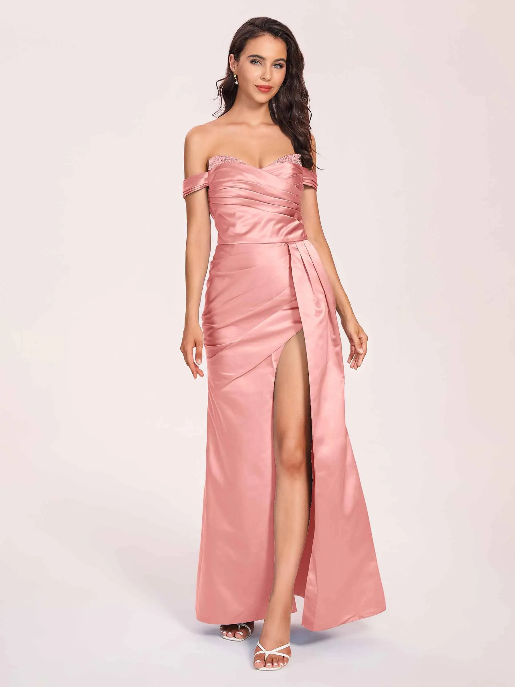 Elegant Satin Off Shoulder Prom Dresses Side-slit Sweetheart Floor Length Sheath