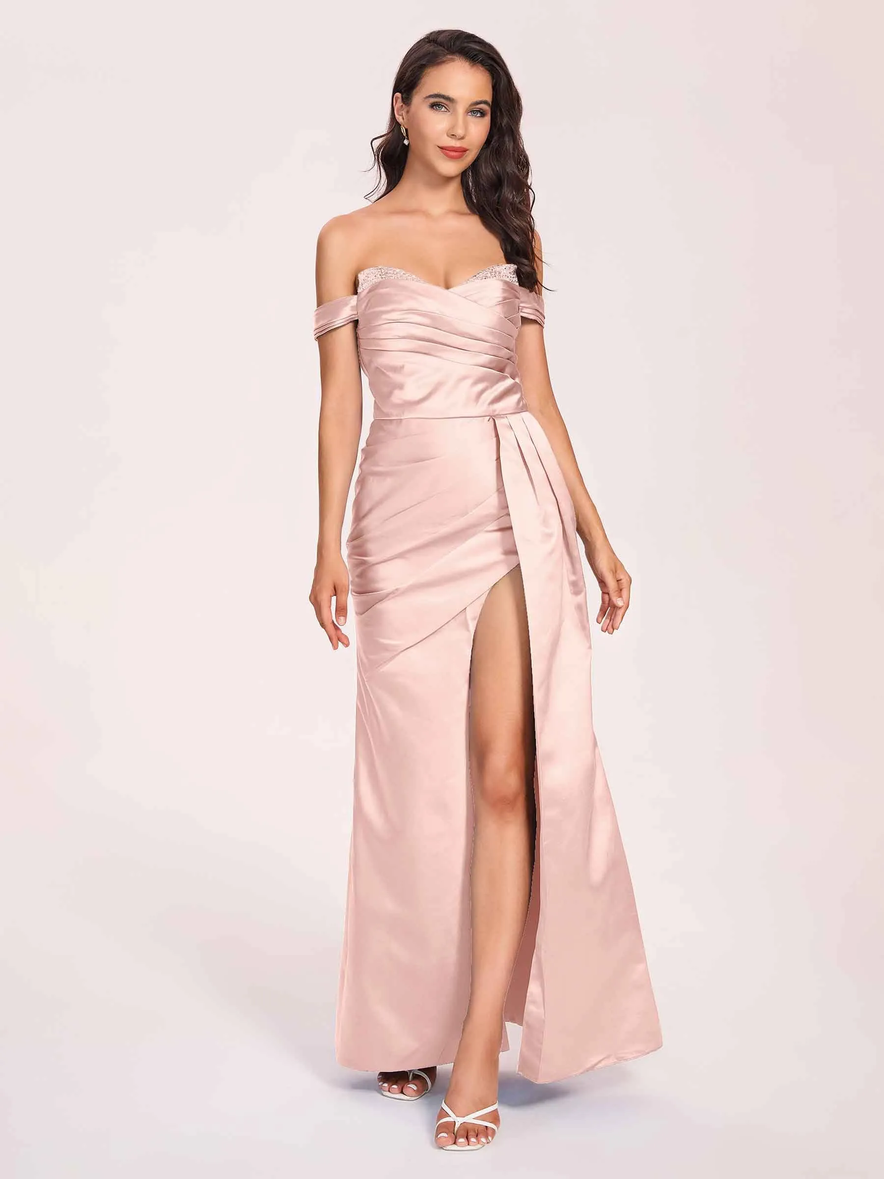 Elegant Satin Off Shoulder Prom Dresses Side-slit Sweetheart Floor Length Sheath