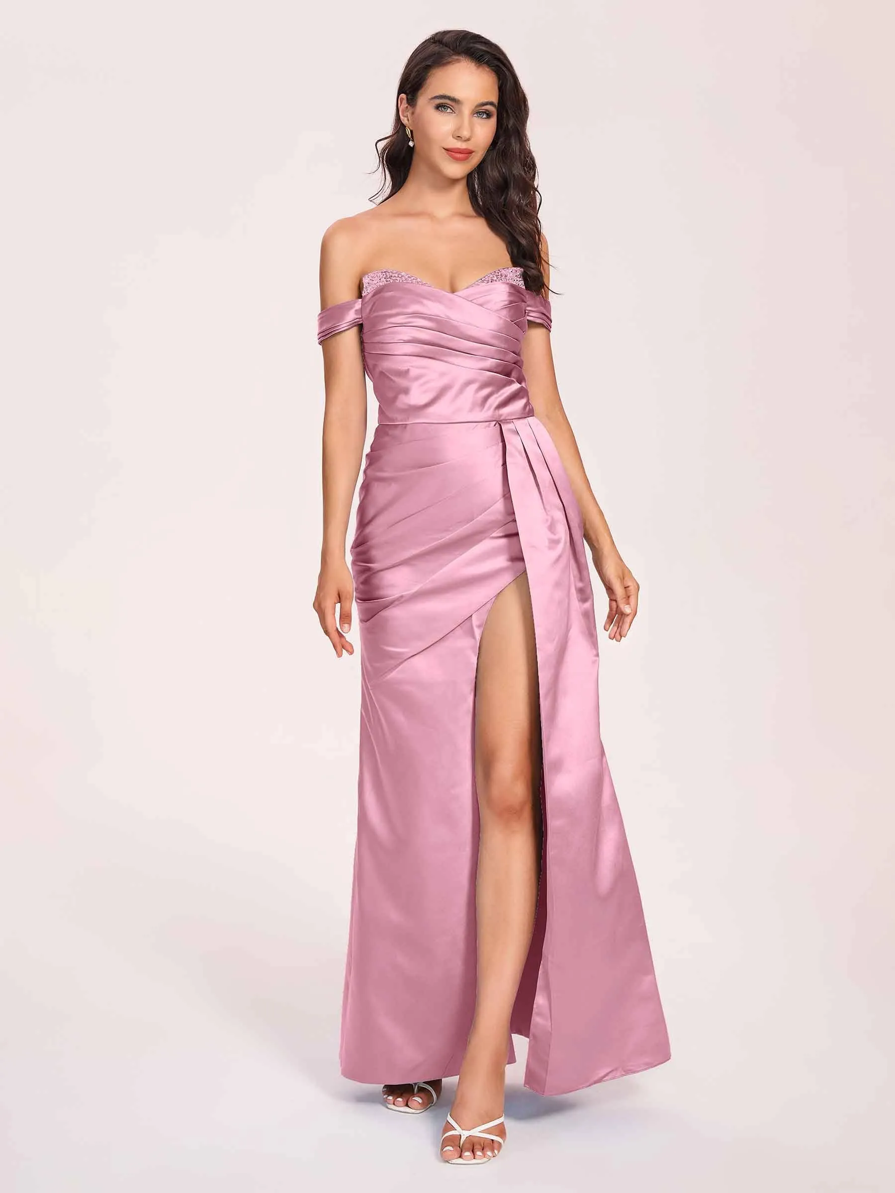 Elegant Satin Off Shoulder Prom Dresses Side-slit Sweetheart Floor Length Sheath