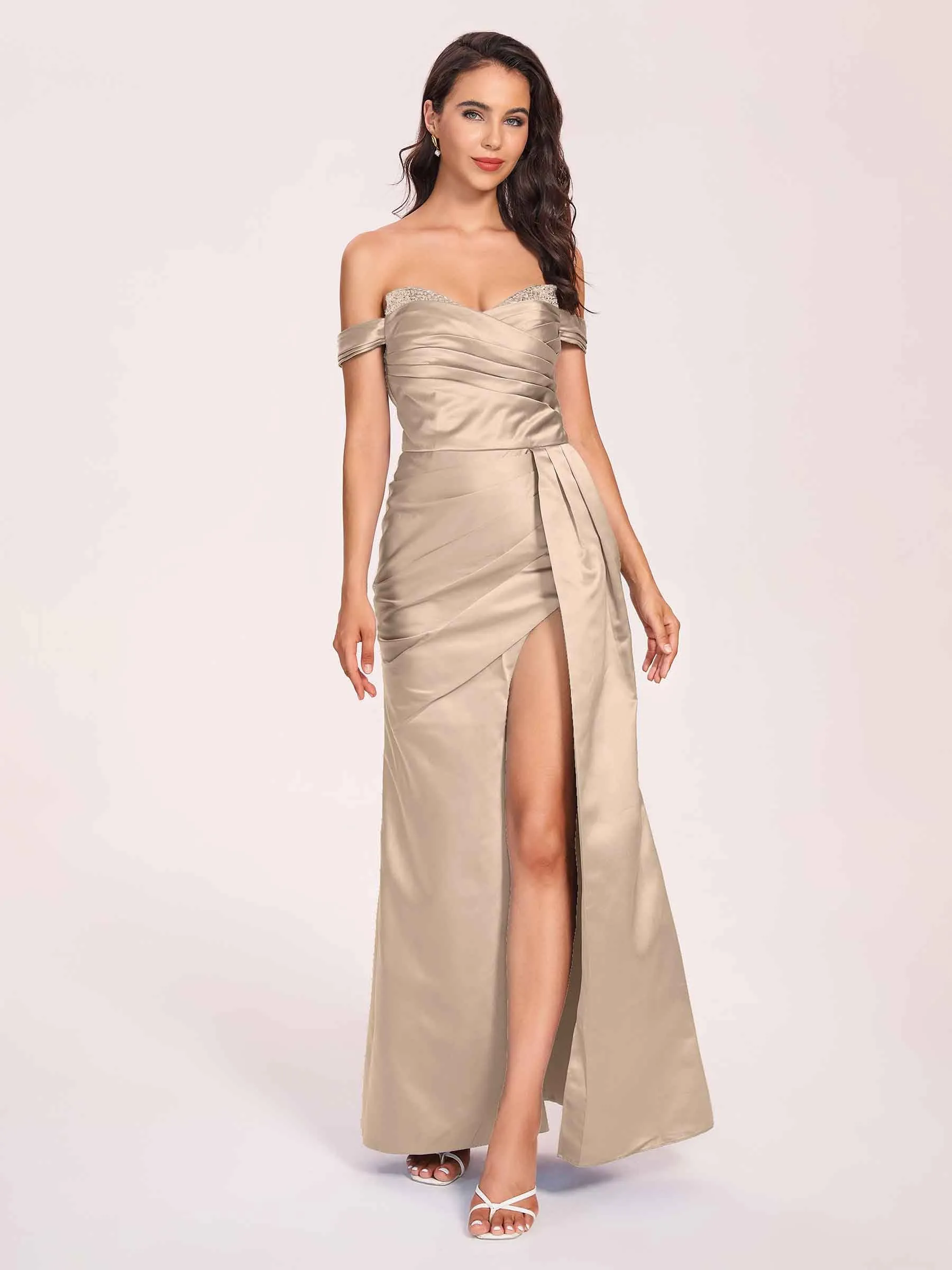 Elegant Satin Off Shoulder Prom Dresses Side-slit Sweetheart Floor Length Sheath
