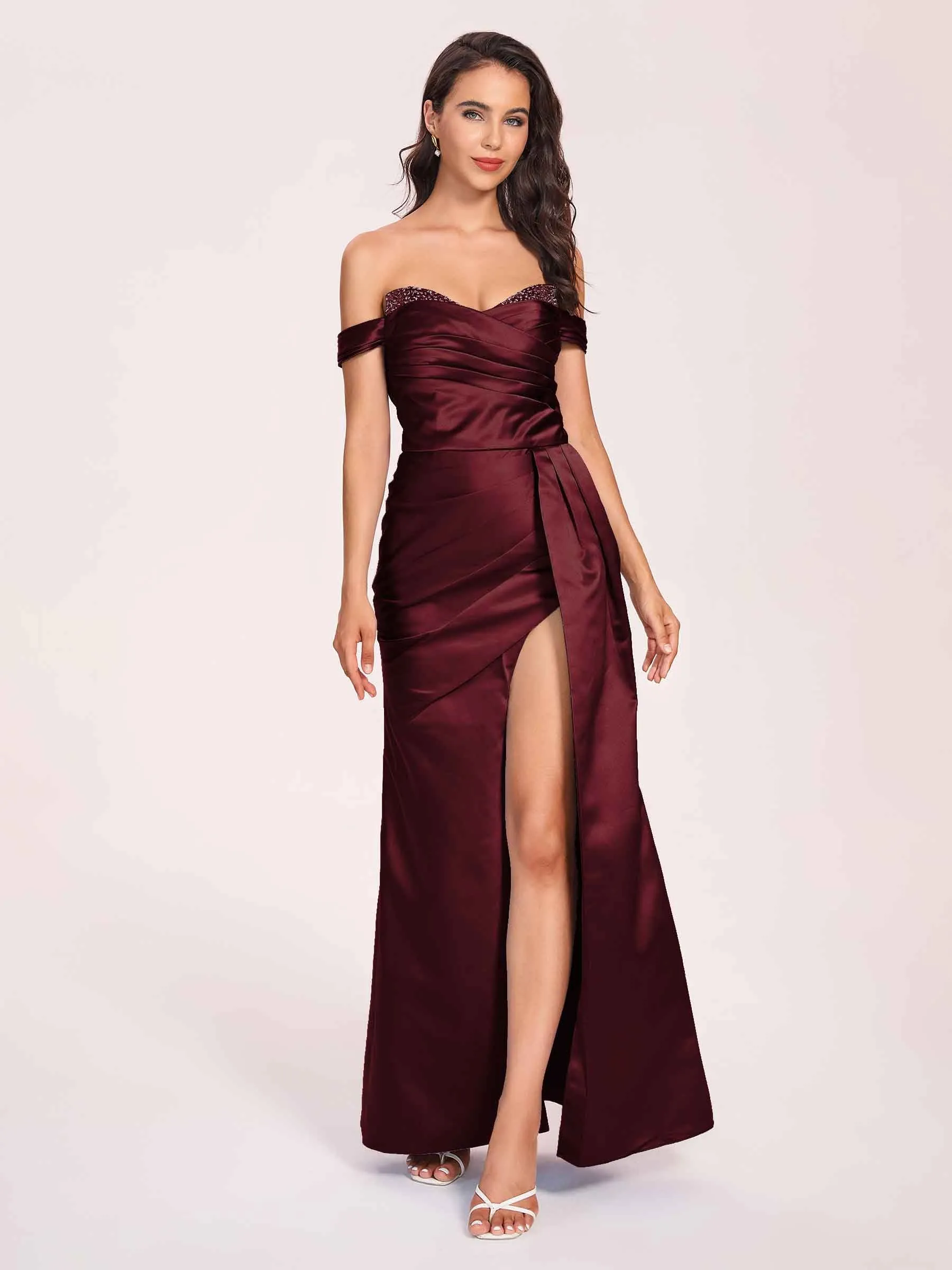 Elegant Satin Off Shoulder Prom Dresses Side-slit Sweetheart Floor Length Sheath