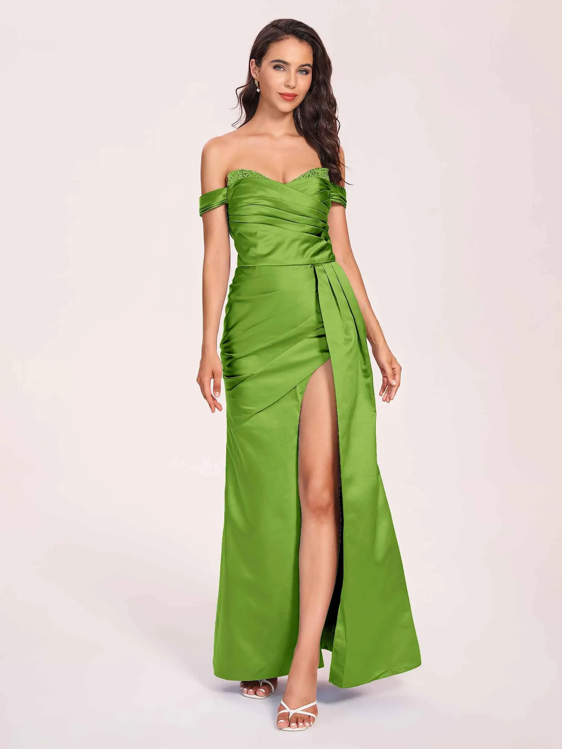 Elegant Satin Off Shoulder Prom Dresses Side-slit Sweetheart Floor Length Sheath