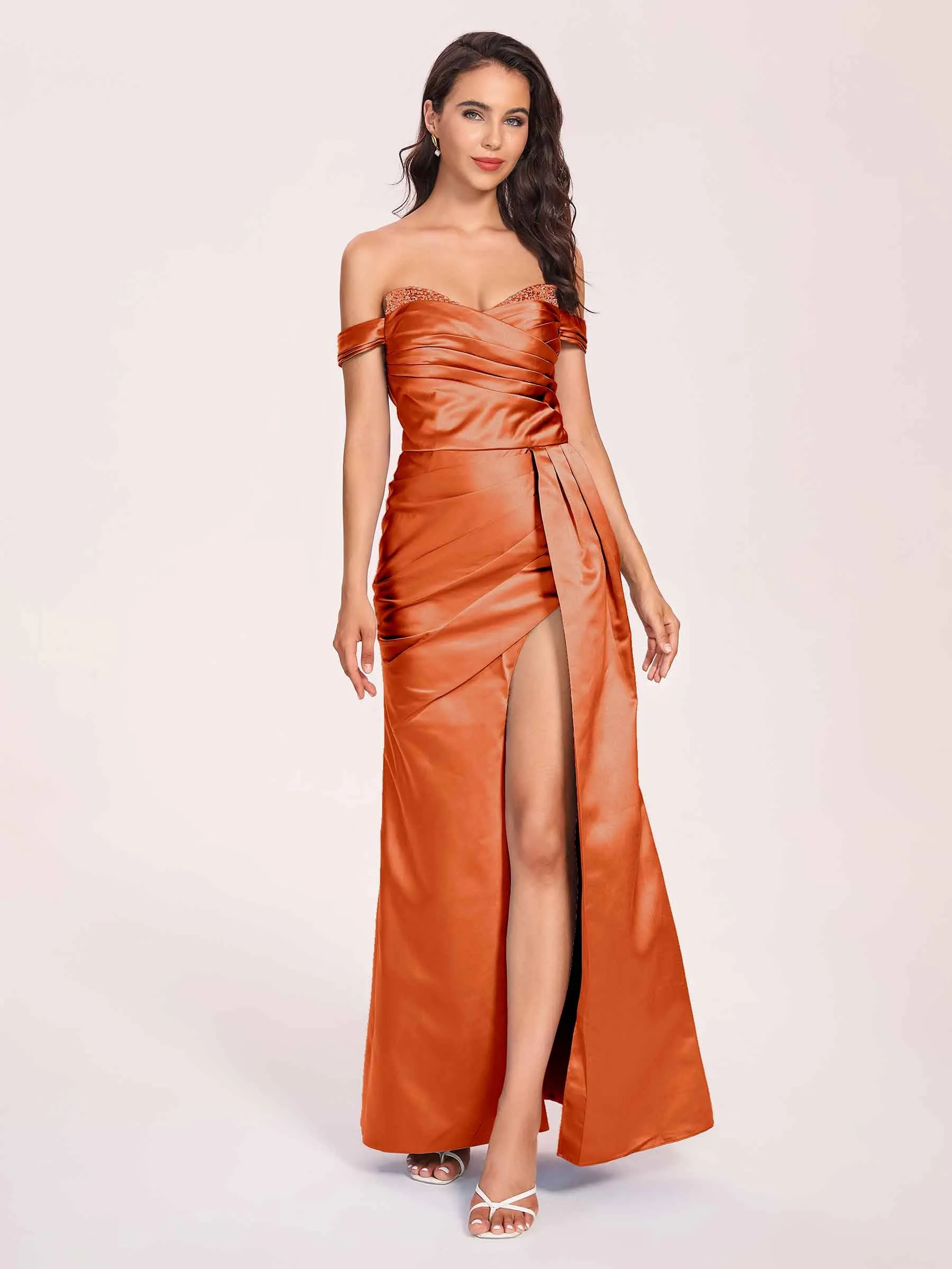 Elegant Satin Off Shoulder Prom Dresses Side-slit Sweetheart Floor Length Sheath