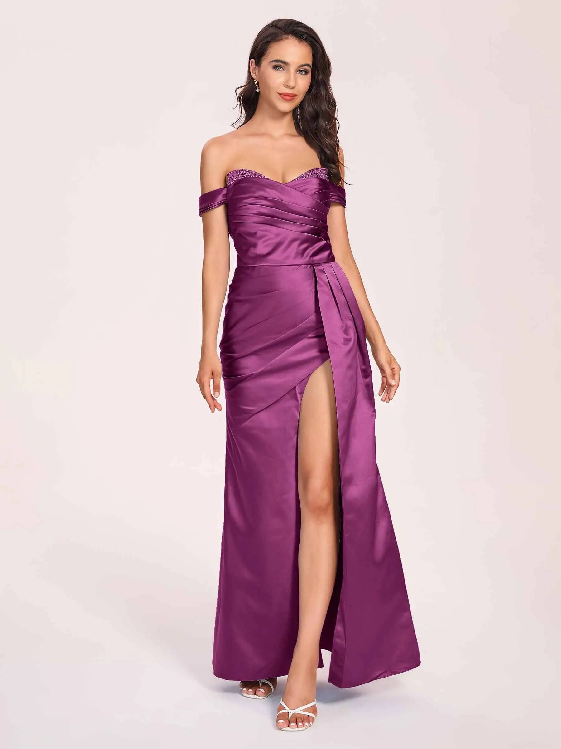 Elegant Satin Off Shoulder Prom Dresses Side-slit Sweetheart Floor Length Sheath
