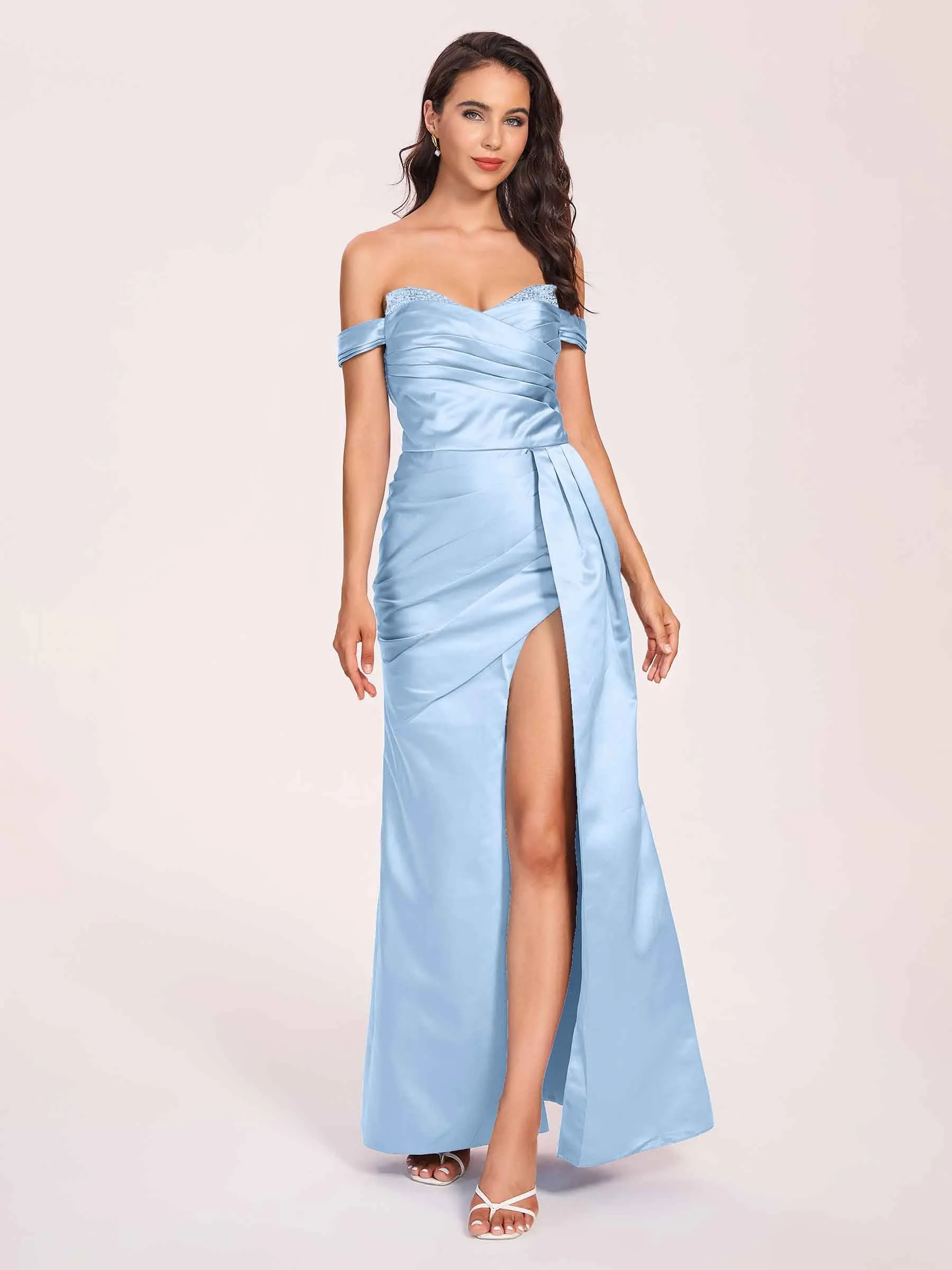 Elegant Satin Off Shoulder Prom Dresses Side-slit Sweetheart Floor Length Sheath