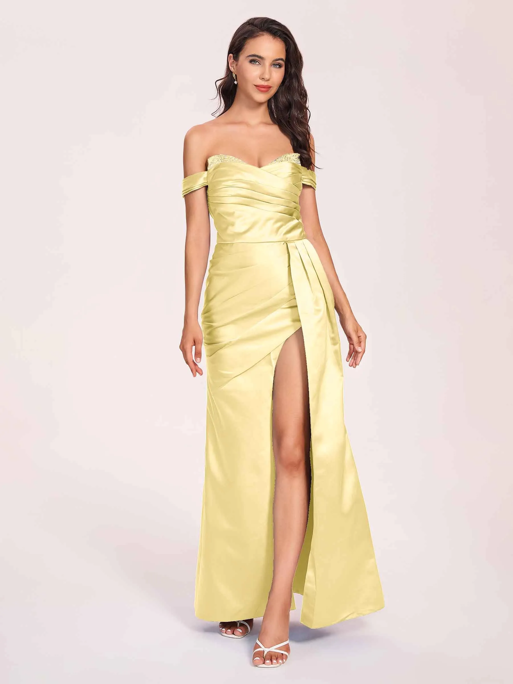 Elegant Satin Off Shoulder Prom Dresses Side-slit Sweetheart Floor Length Sheath