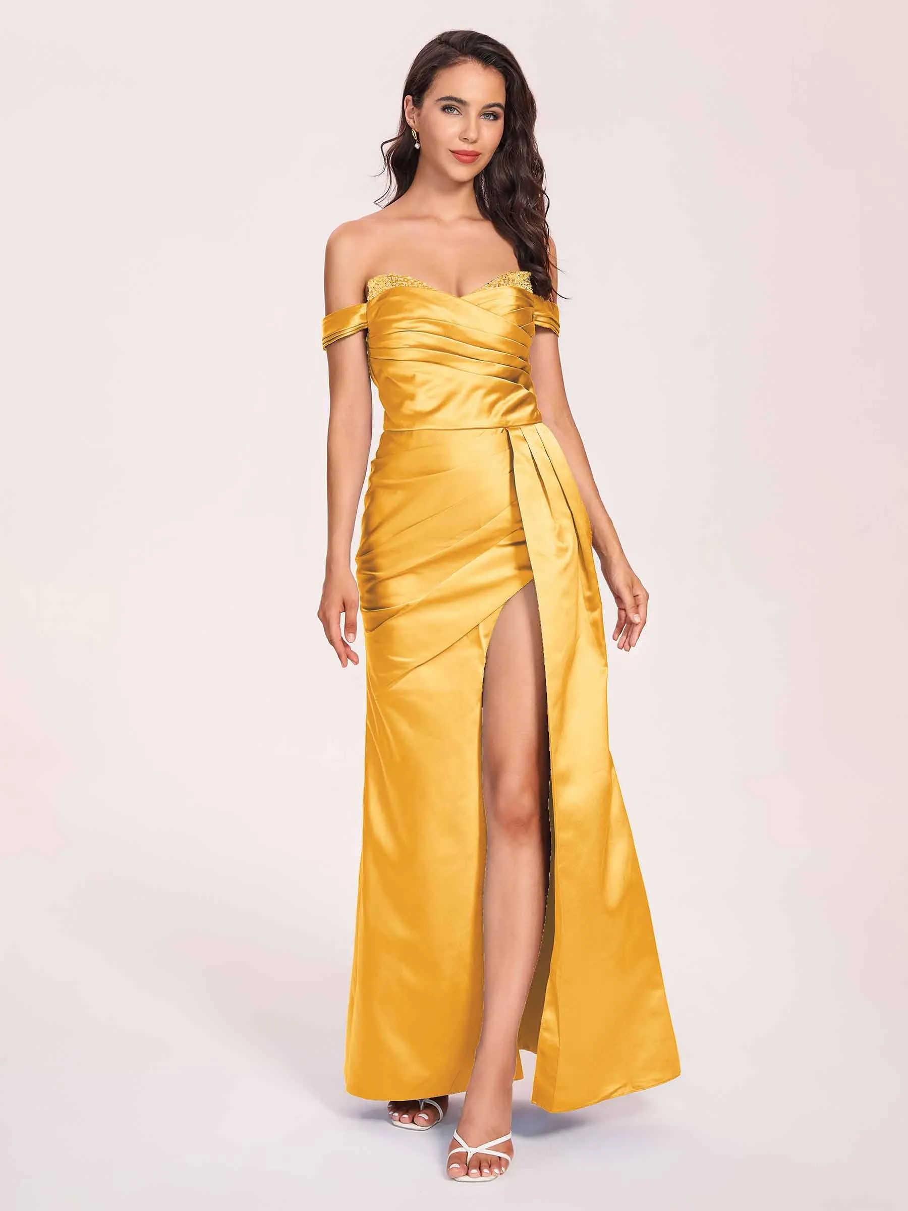 Elegant Satin Off Shoulder Prom Dresses Side-slit Sweetheart Floor Length Sheath