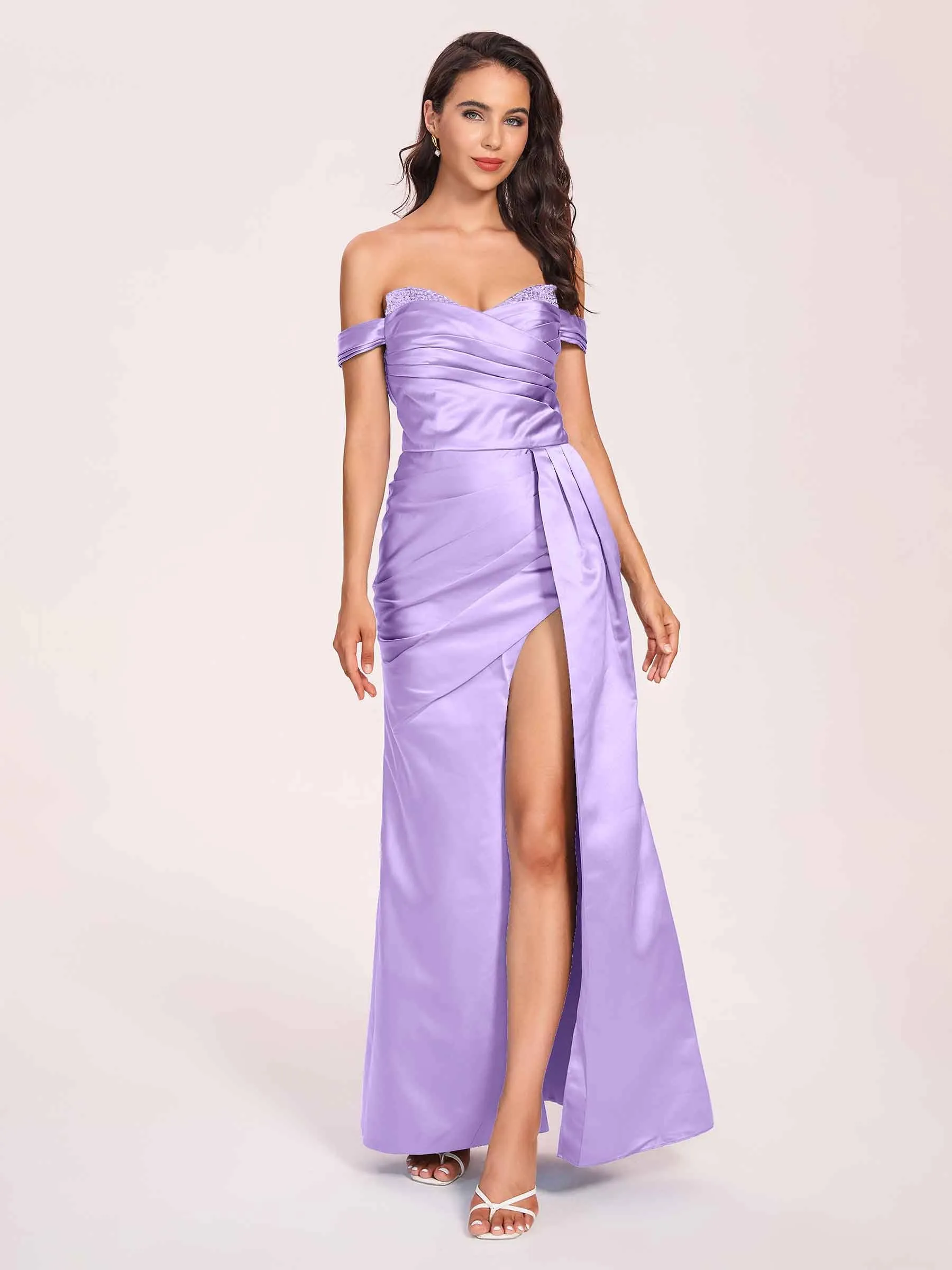 Elegant Satin Off Shoulder Prom Dresses Side-slit Sweetheart Floor Length Sheath