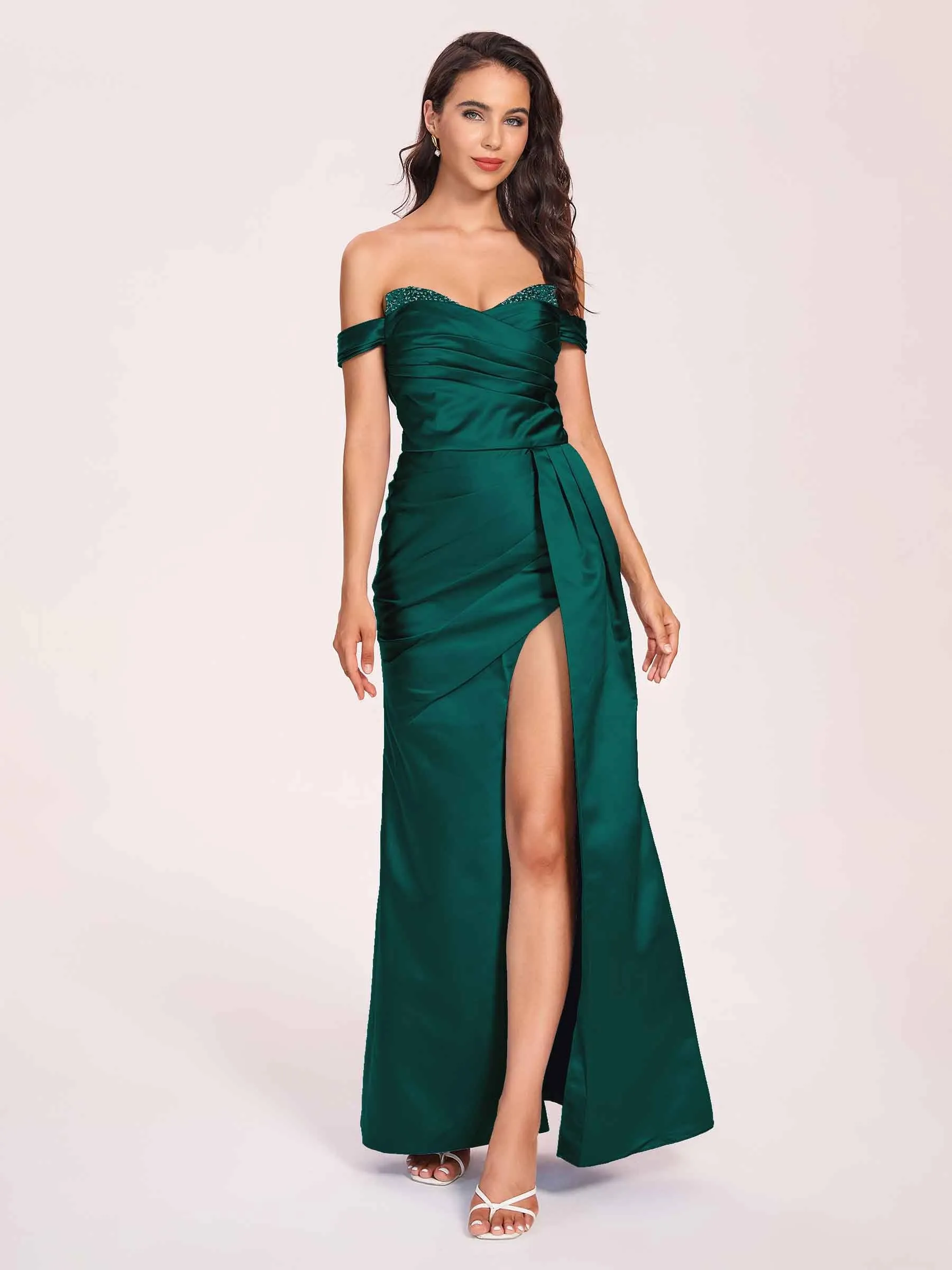 Elegant Satin Off Shoulder Prom Dresses Side-slit Sweetheart Floor Length Sheath