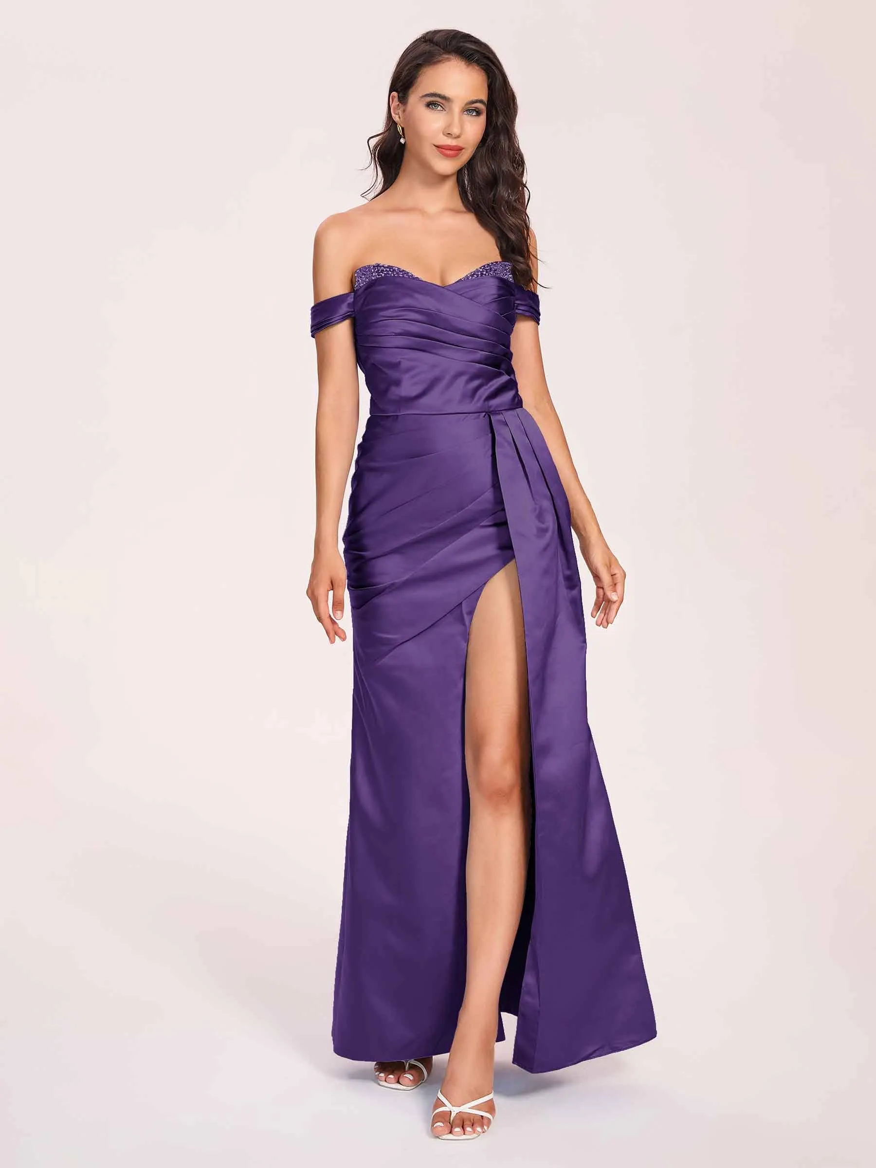 Elegant Satin Off Shoulder Prom Dresses Side-slit Sweetheart Floor Length Sheath