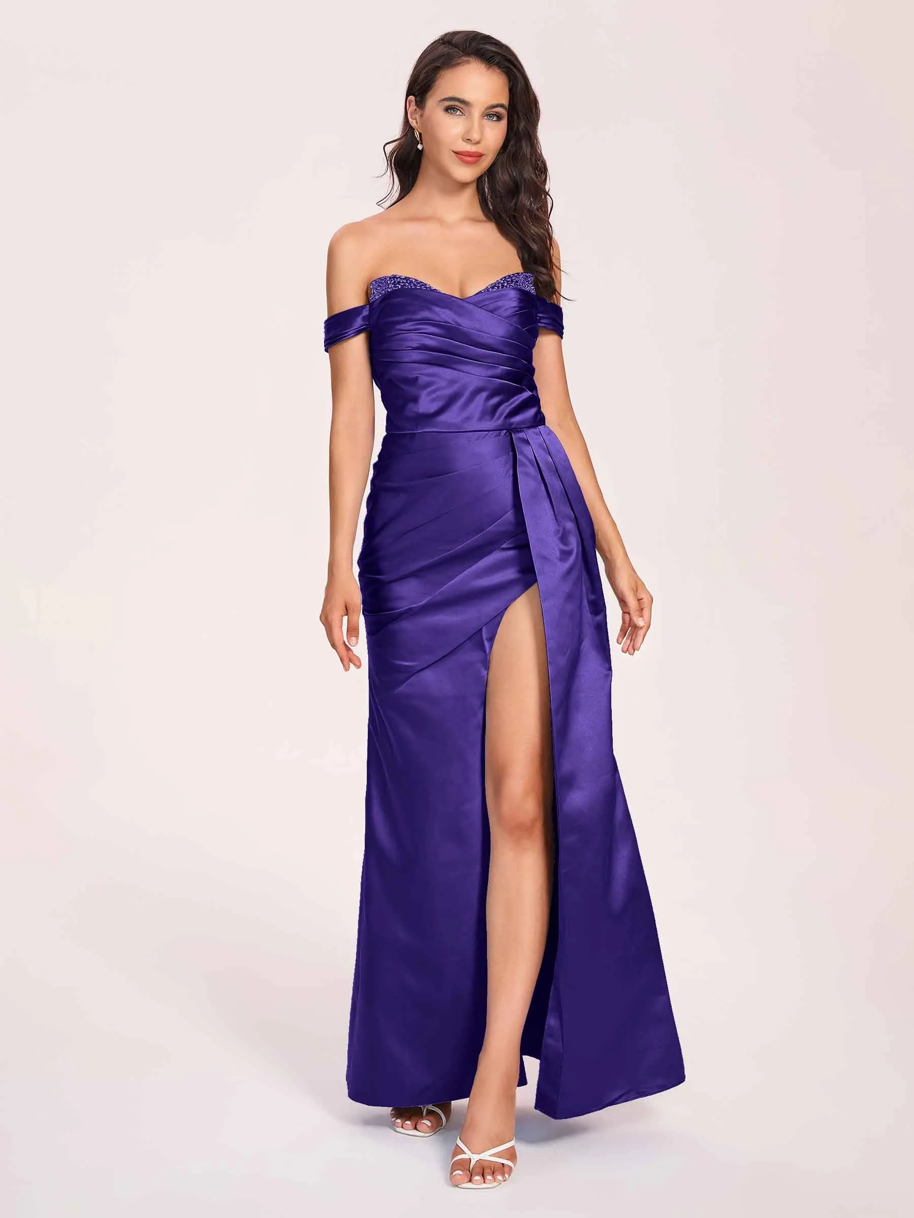 Elegant Satin Off Shoulder Prom Dresses Side-slit Sweetheart Floor Length Sheath
