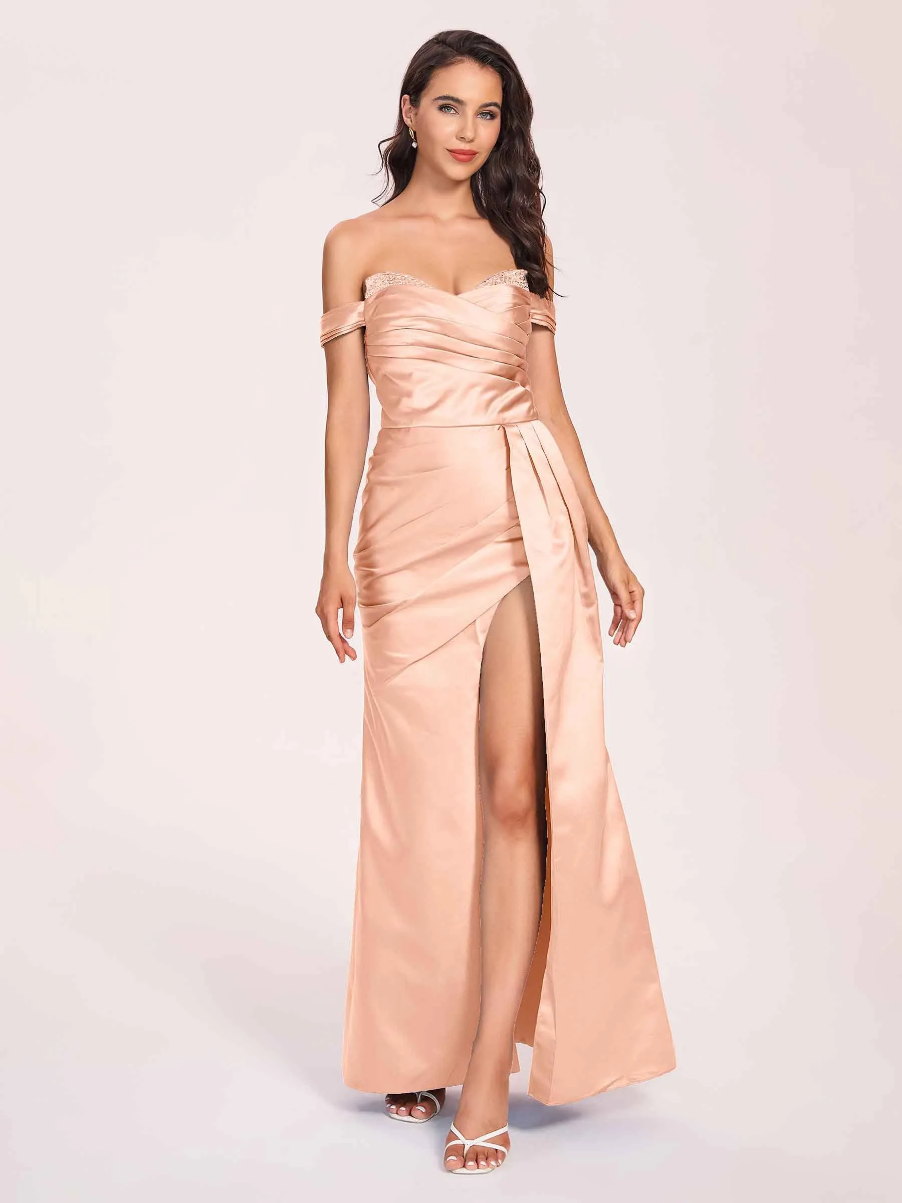 Elegant Satin Off Shoulder Prom Dresses Side-slit Sweetheart Floor Length Sheath