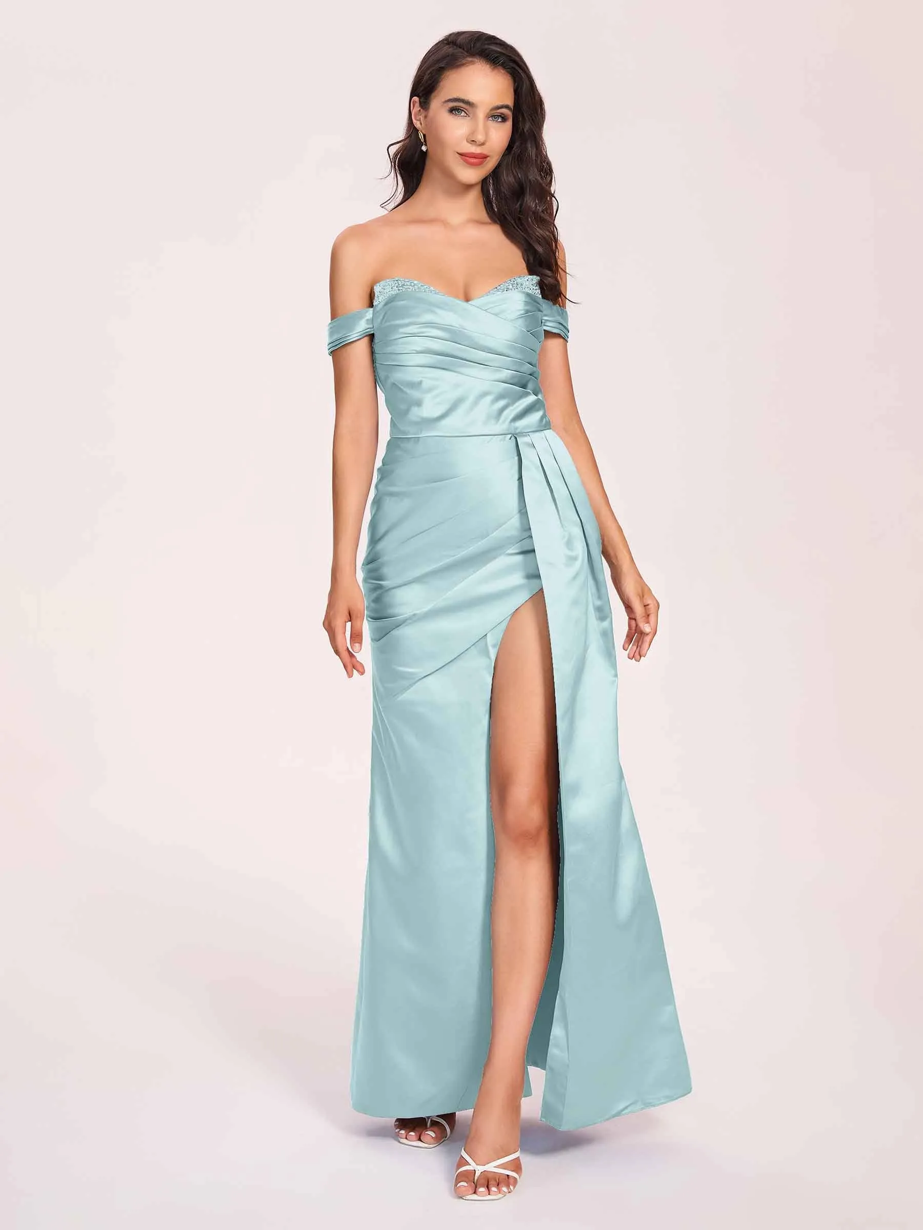 Elegant Satin Off Shoulder Prom Dresses Side-slit Sweetheart Floor Length Sheath