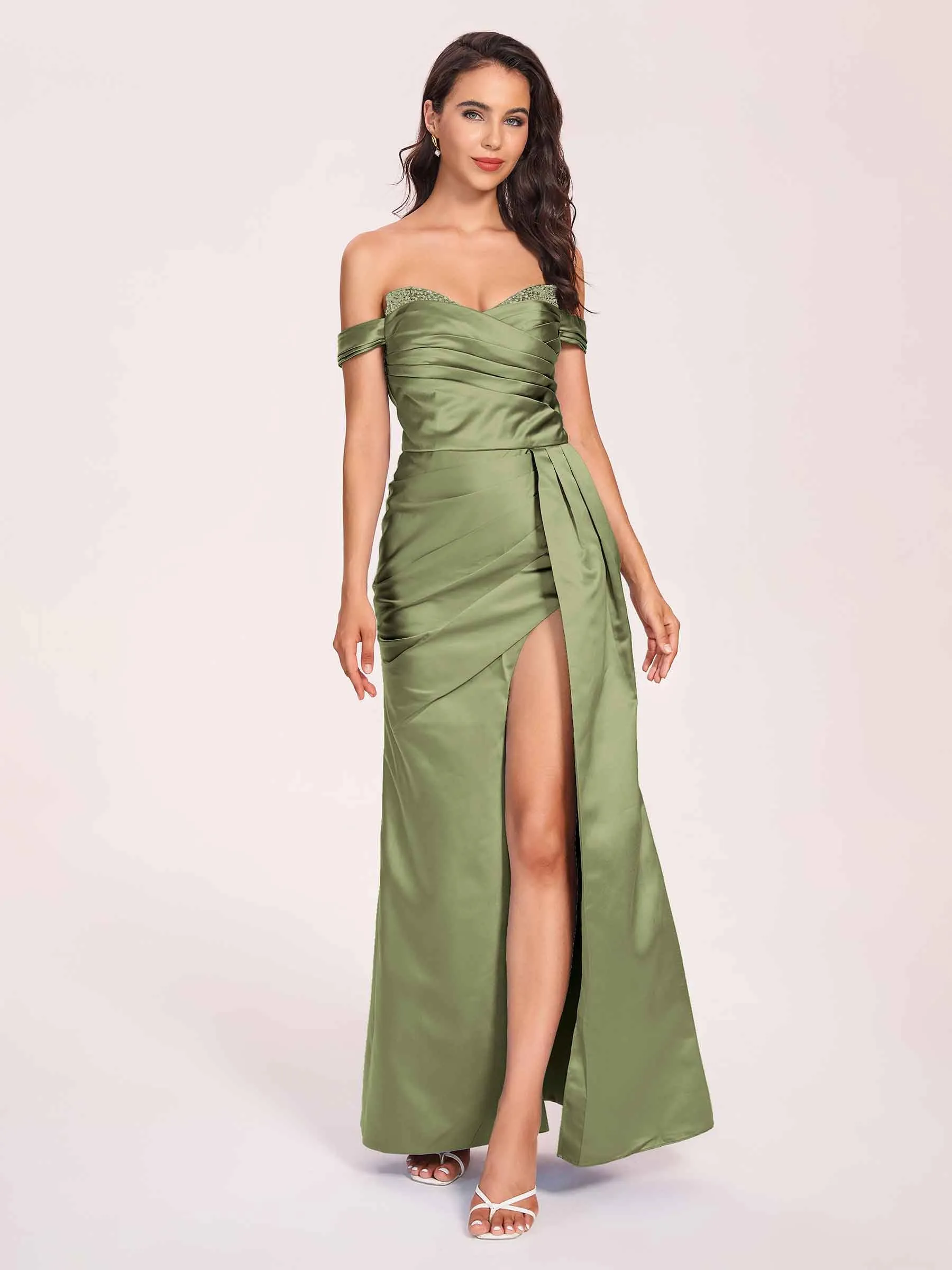 Elegant Satin Off Shoulder Prom Dresses Side-slit Sweetheart Floor Length Sheath