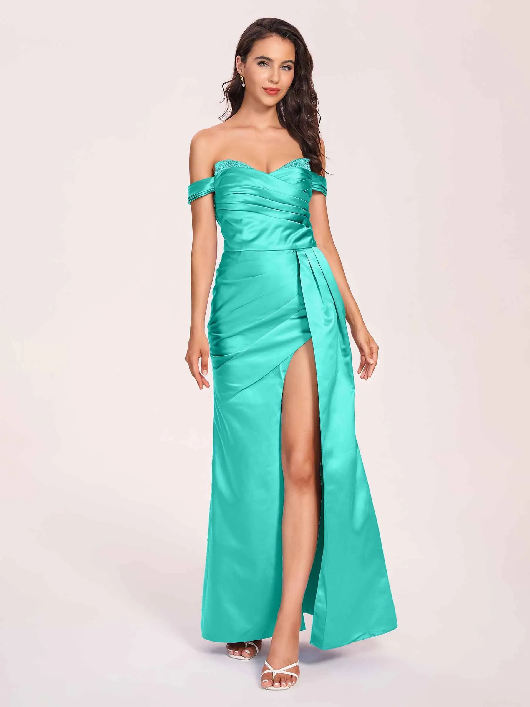 Elegant Satin Off Shoulder Prom Dresses Side-slit Sweetheart Floor Length Sheath