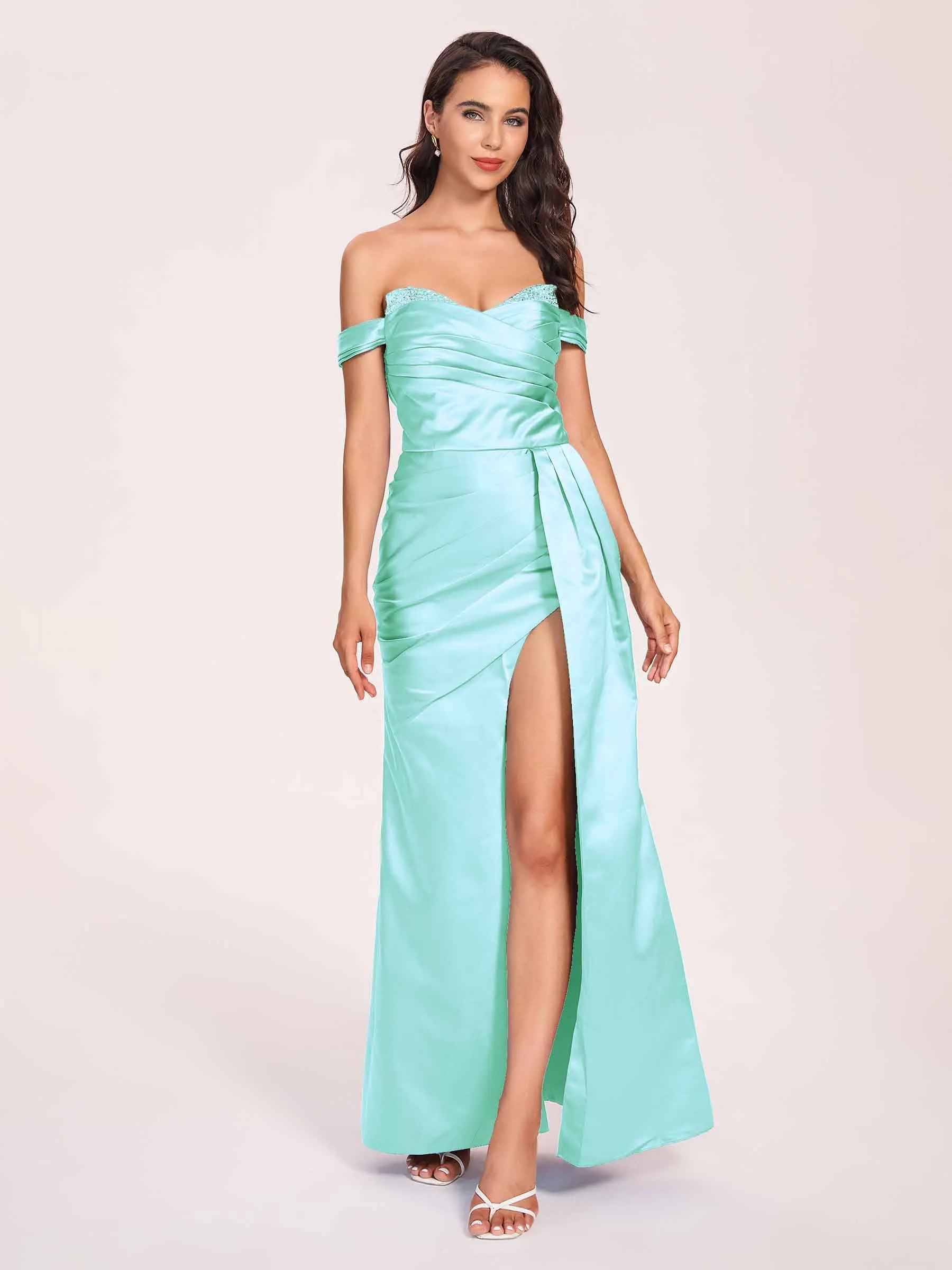 Elegant Satin Off Shoulder Prom Dresses Side-slit Sweetheart Floor Length Sheath