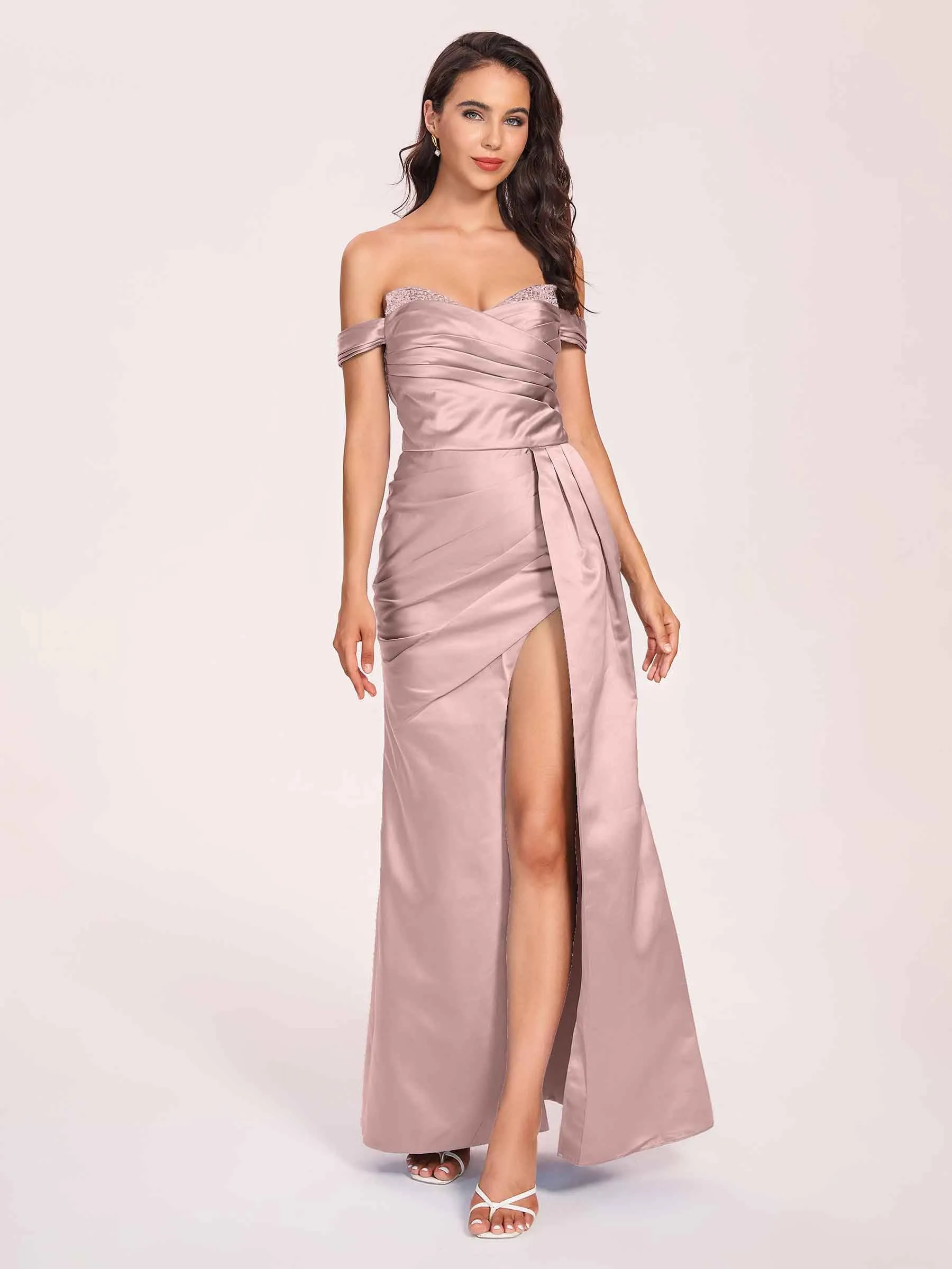 Elegant Satin Off Shoulder Prom Dresses Side-slit Sweetheart Floor Length Sheath