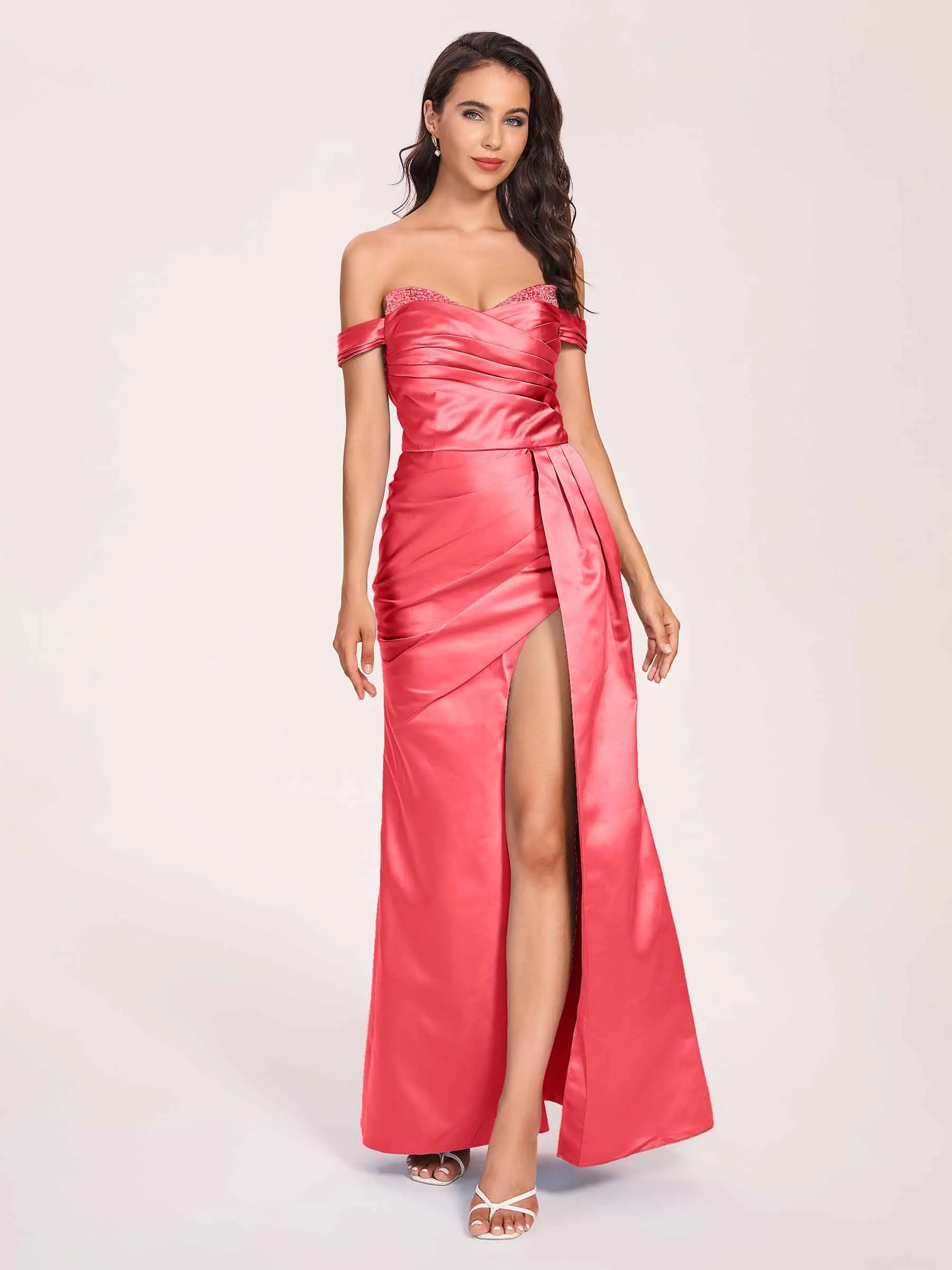 Elegant Satin Off Shoulder Prom Dresses Side-slit Sweetheart Floor Length Sheath