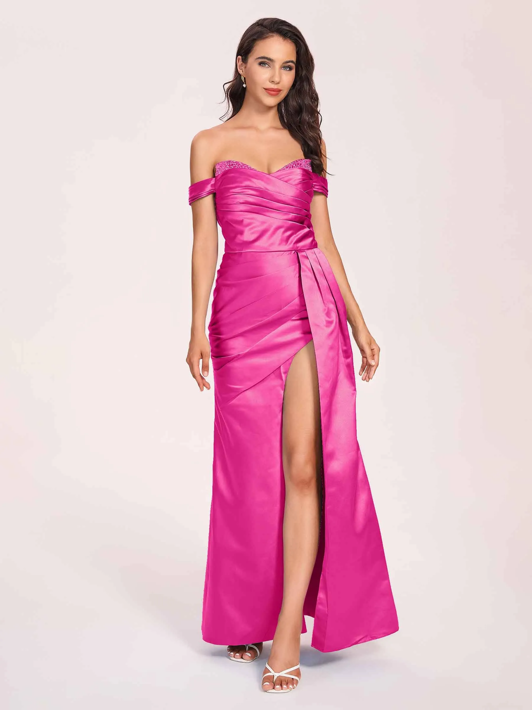 Elegant Satin Off Shoulder Prom Dresses Side-slit Sweetheart Floor Length Sheath