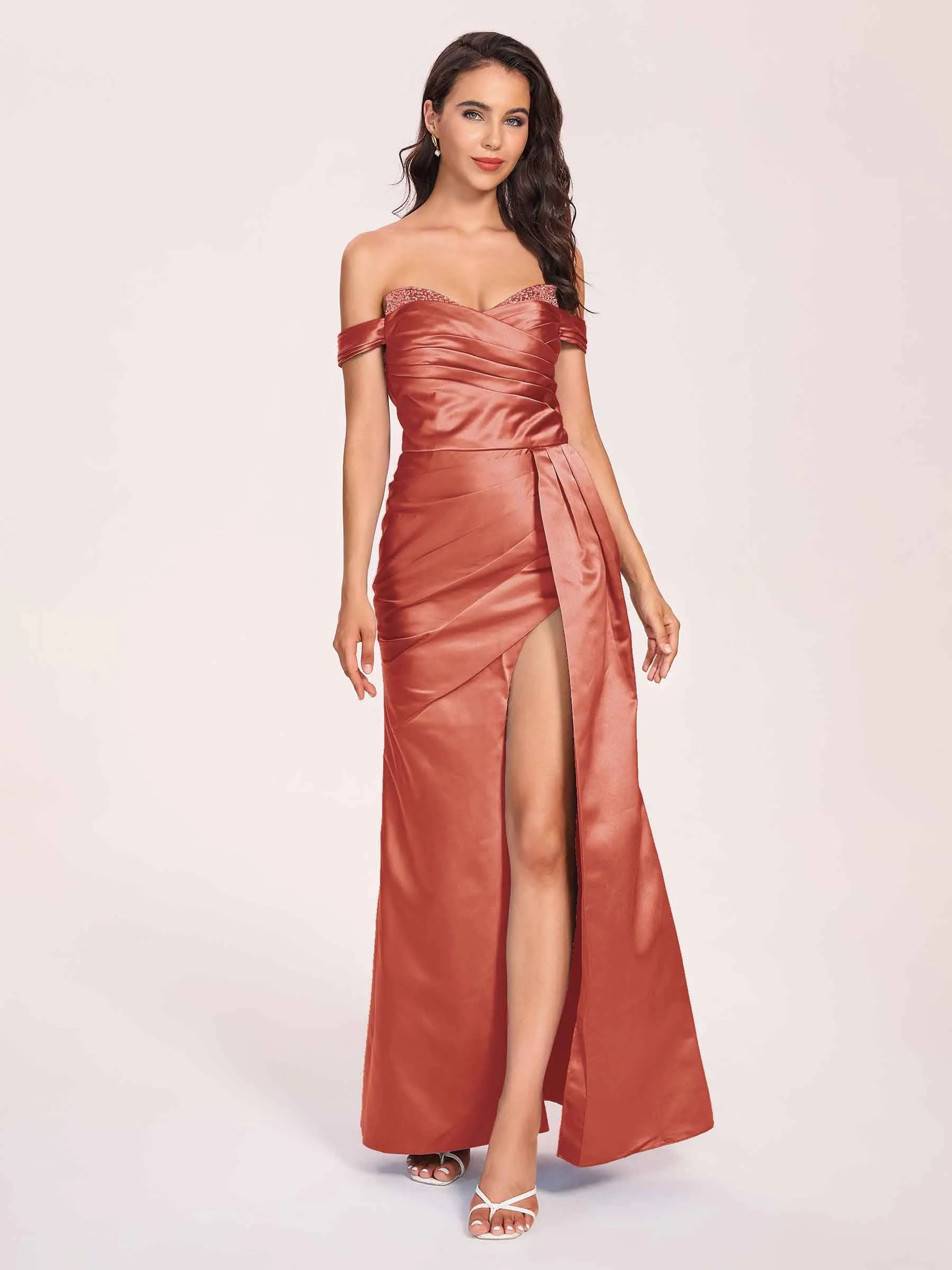 Elegant Satin Off Shoulder Prom Dresses Side-slit Sweetheart Floor Length Sheath
