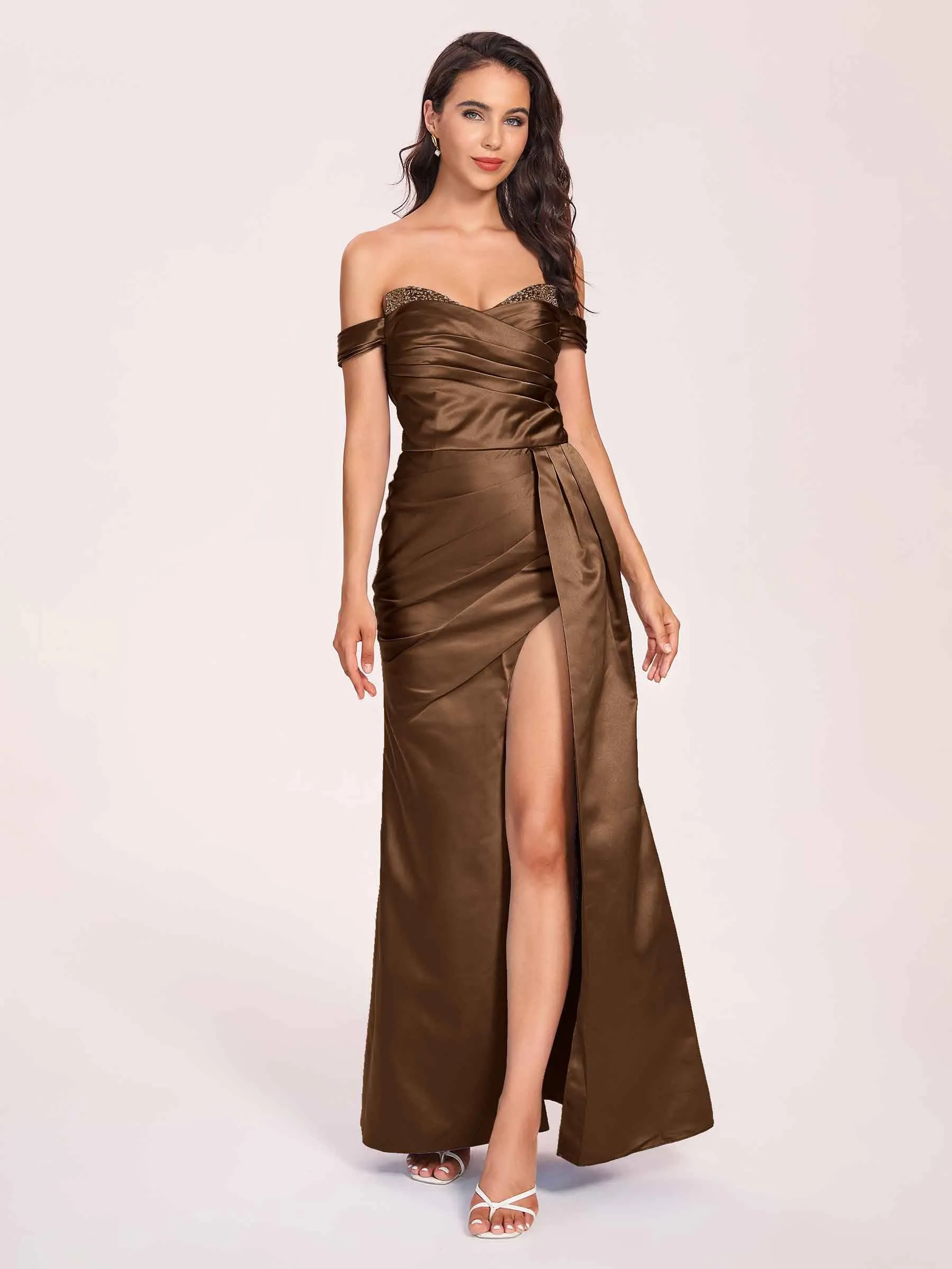 Elegant Satin Off Shoulder Prom Dresses Side-slit Sweetheart Floor Length Sheath
