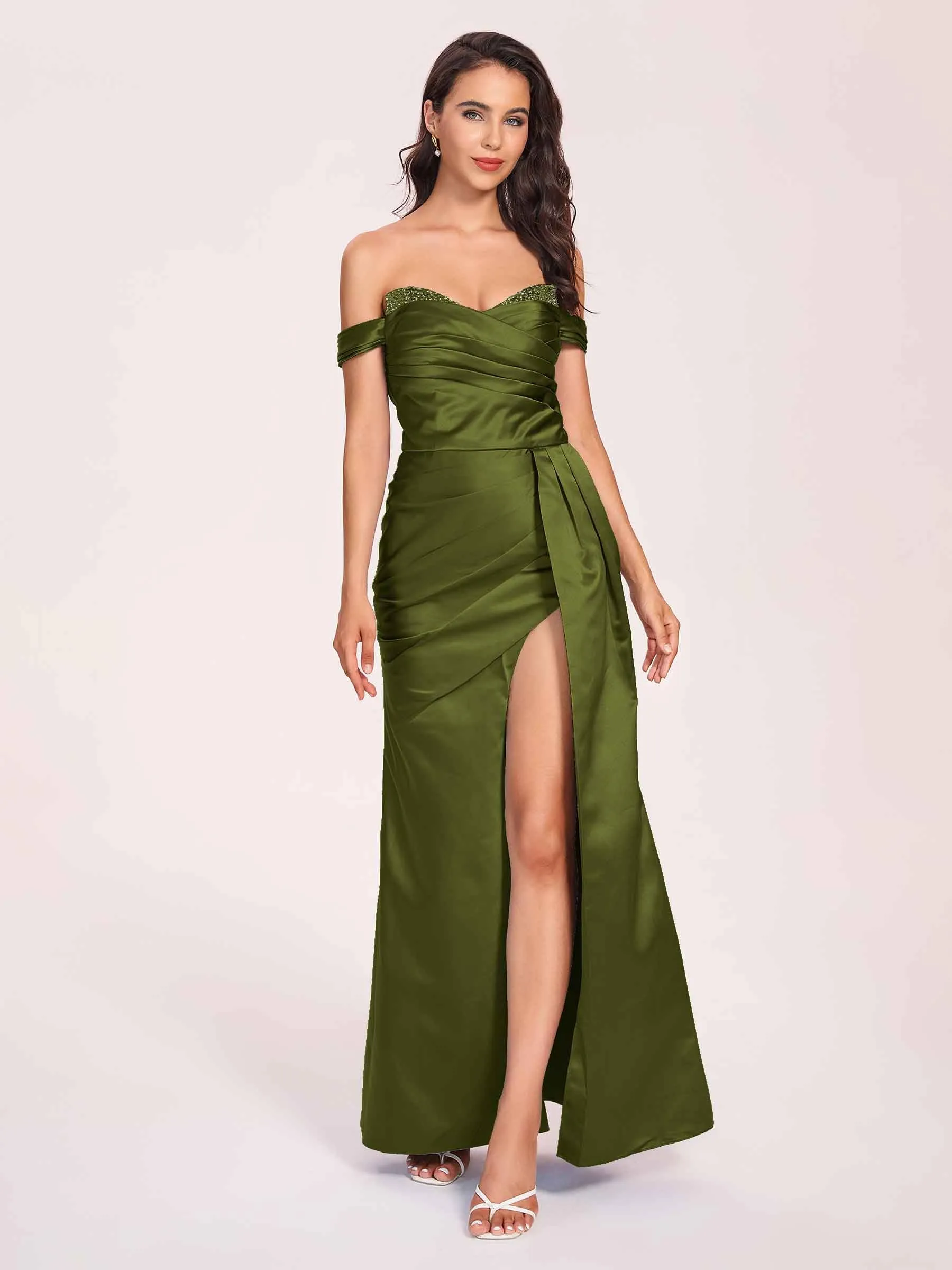 Elegant Satin Off Shoulder Prom Dresses Side-slit Sweetheart Floor Length Sheath