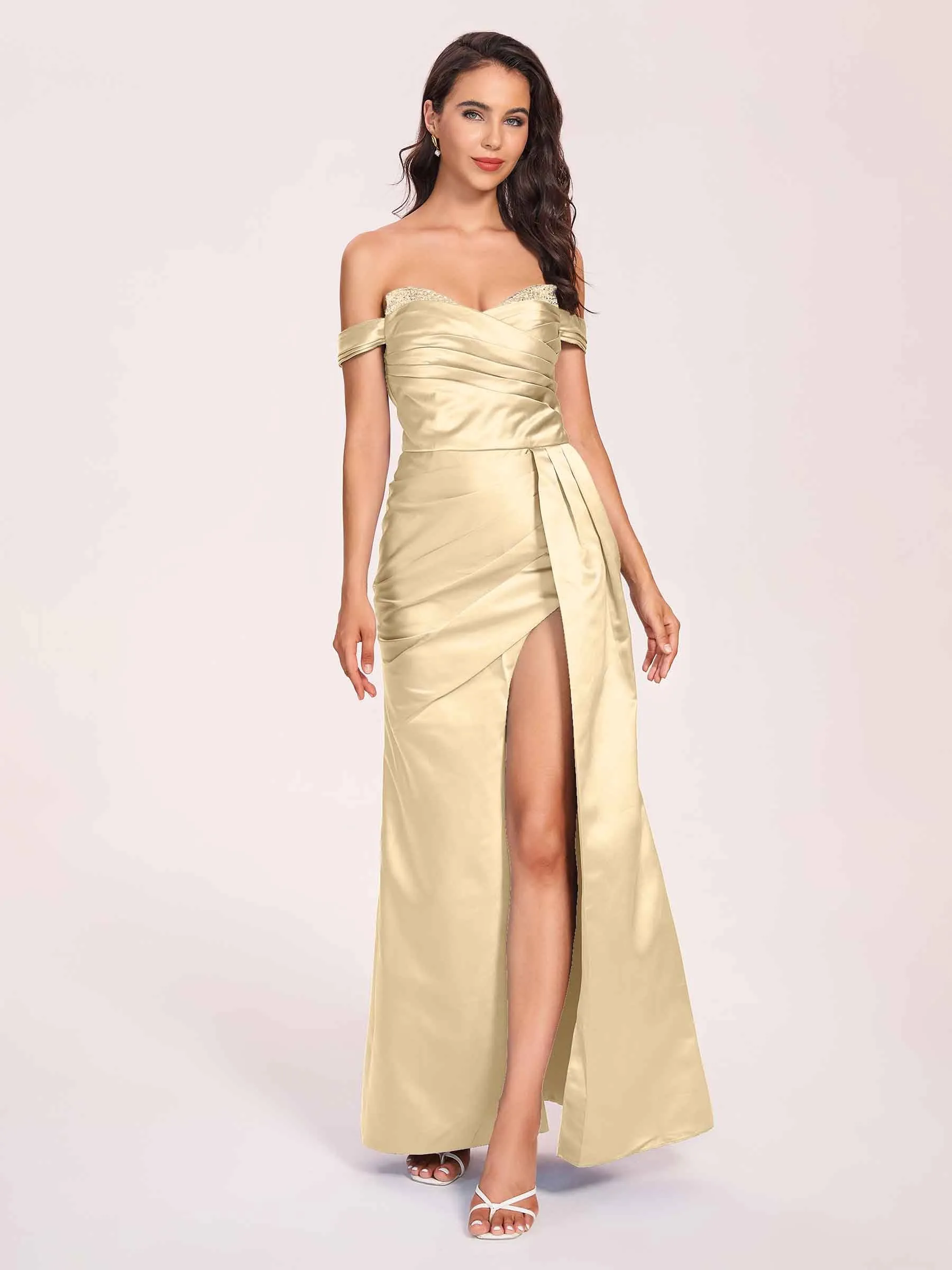 Elegant Satin Off Shoulder Prom Dresses Side-slit Sweetheart Floor Length Sheath