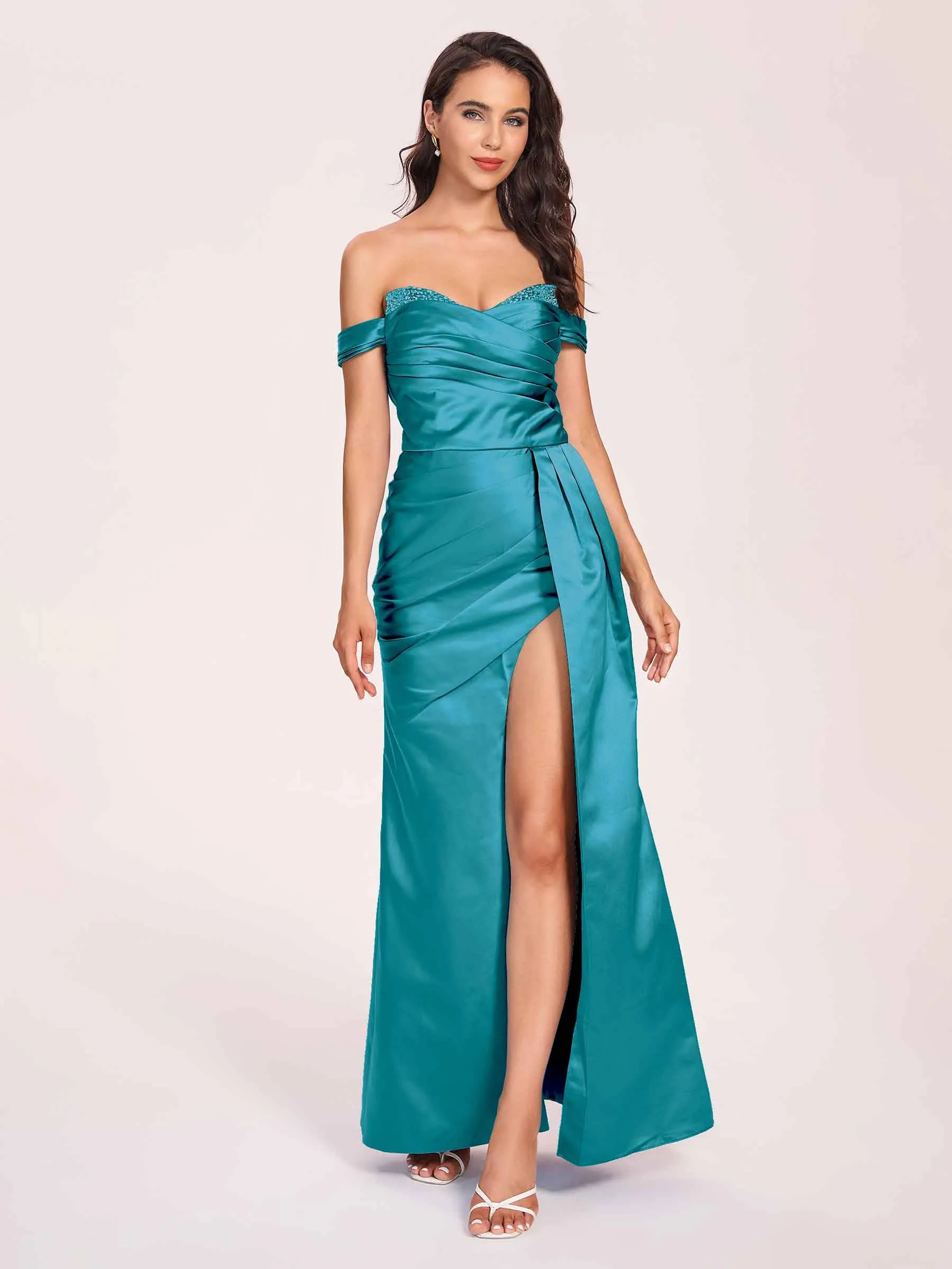 Elegant Satin Off Shoulder Prom Dresses Side-slit Sweetheart Floor Length Sheath