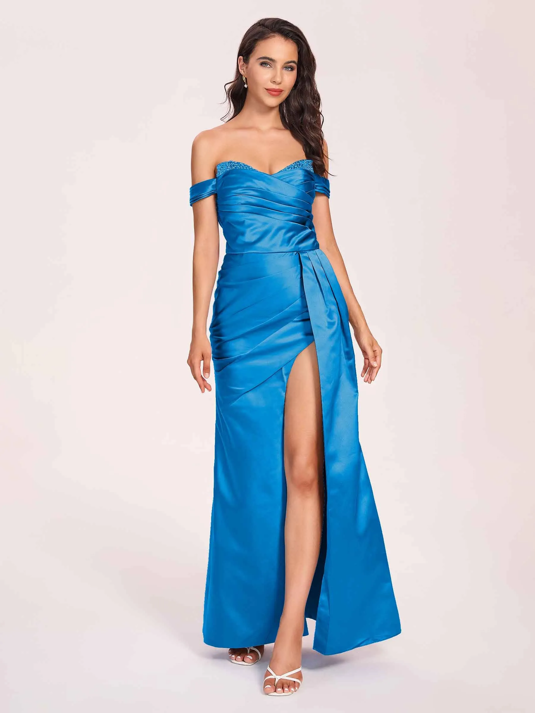 Elegant Satin Off Shoulder Prom Dresses Side-slit Sweetheart Floor Length Sheath