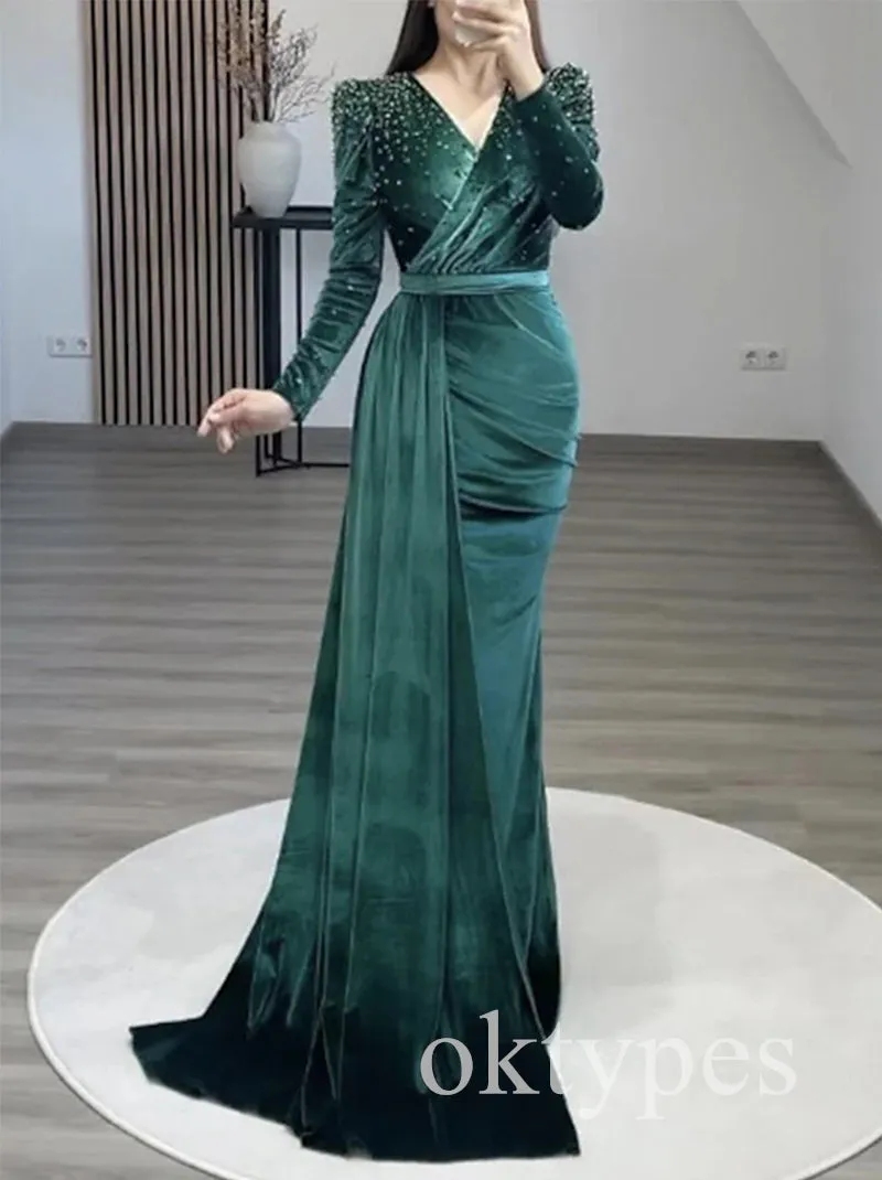Elegant V-neck Long Sleeves Mermaid  Long Women Prom Dresses PDS1279