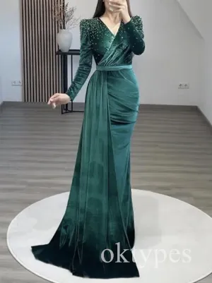 Elegant V-neck Long Sleeves Mermaid  Long Women Prom Dresses PDS1279