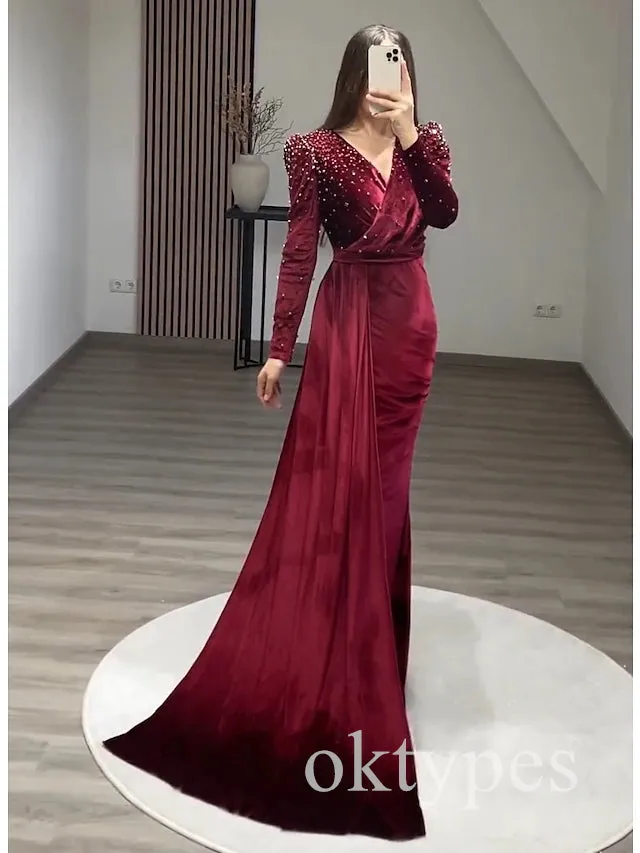 Elegant V-neck Long Sleeves Mermaid  Long Women Prom Dresses PDS1279