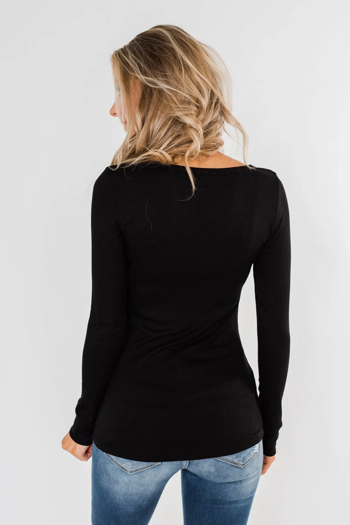 Essential 5-Button Henley Top- Black