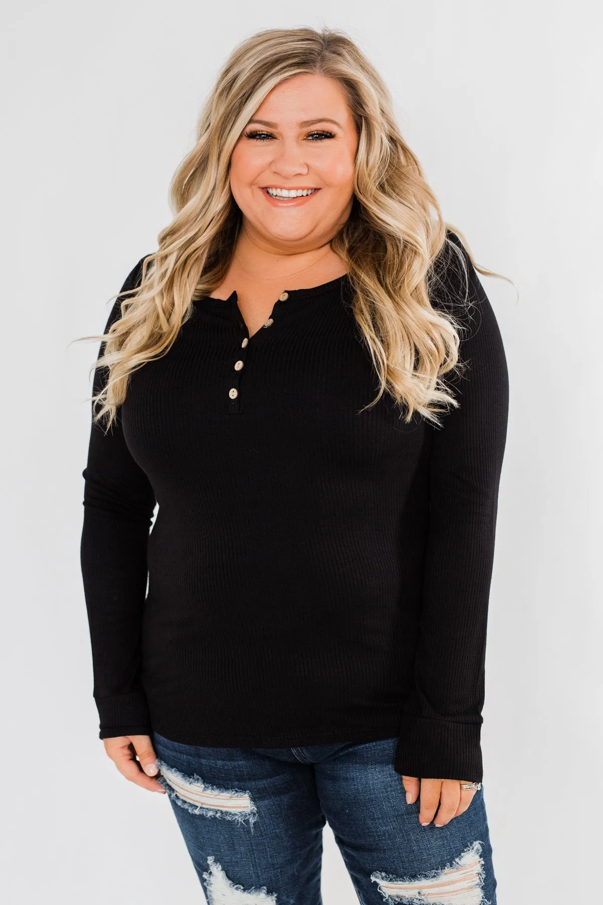 Essential 5-Button Henley Top- Black