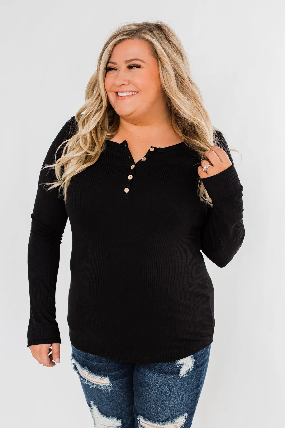 Essential 5-Button Henley Top- Black
