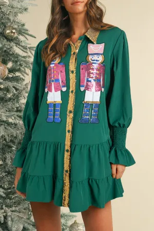 Evergreen Christmas Sequin Nutcracker Collared Shirt Ruffled Long Sleeve Mini Dress